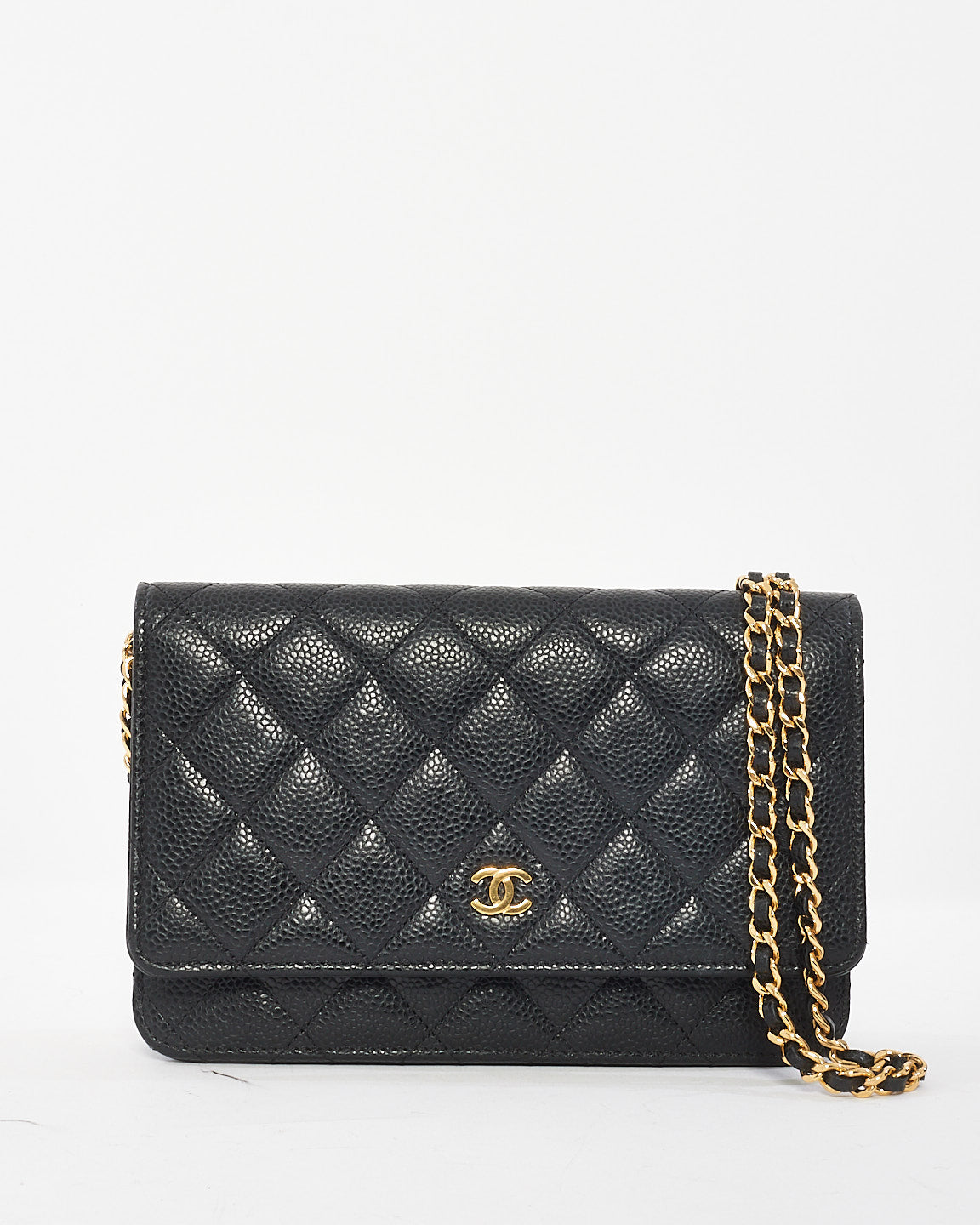 Portefeuille en cuir caviar noir Chanel sur chaîne GHW