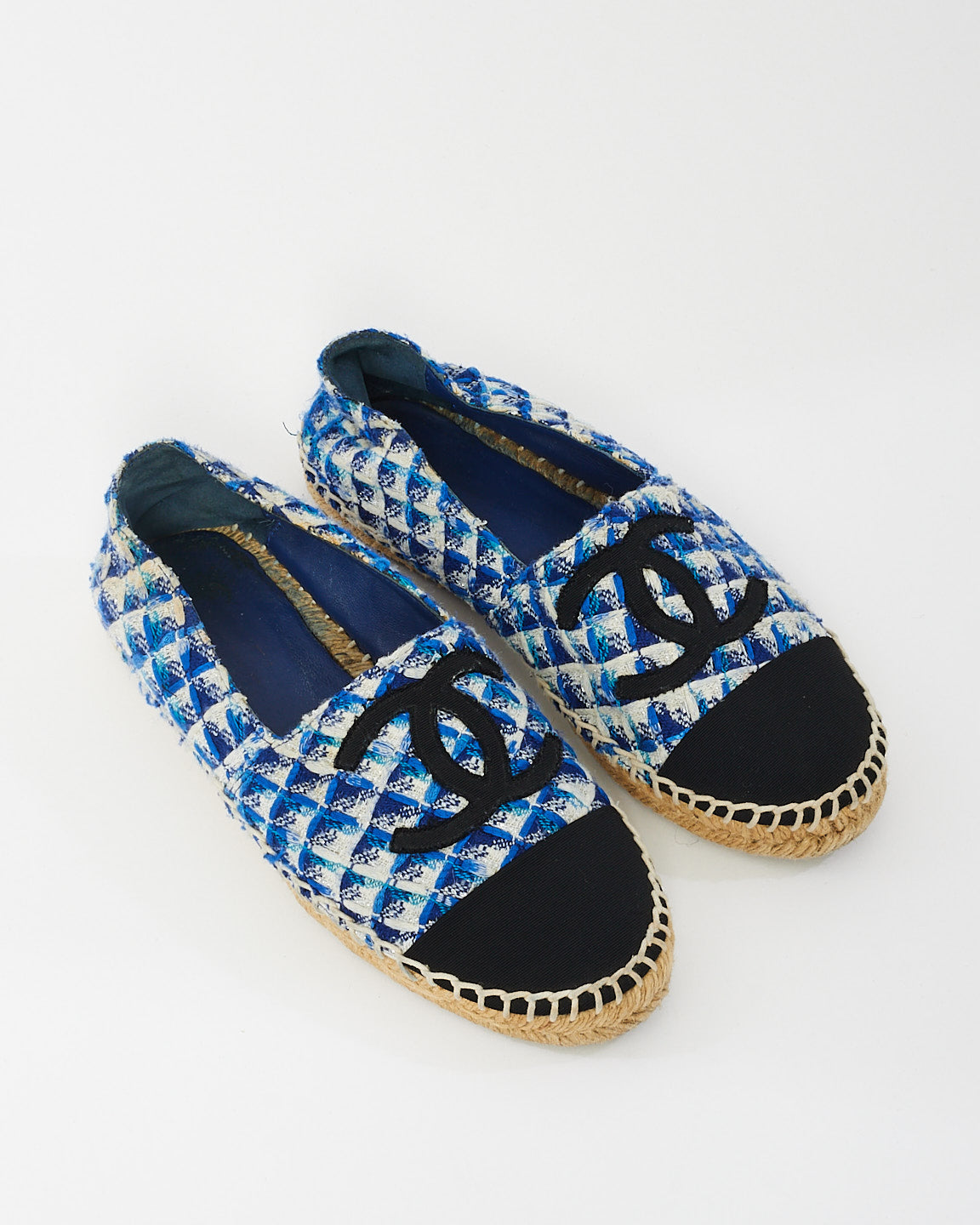 Chanel Blue Black 
White Tweed Espadrilles - 38