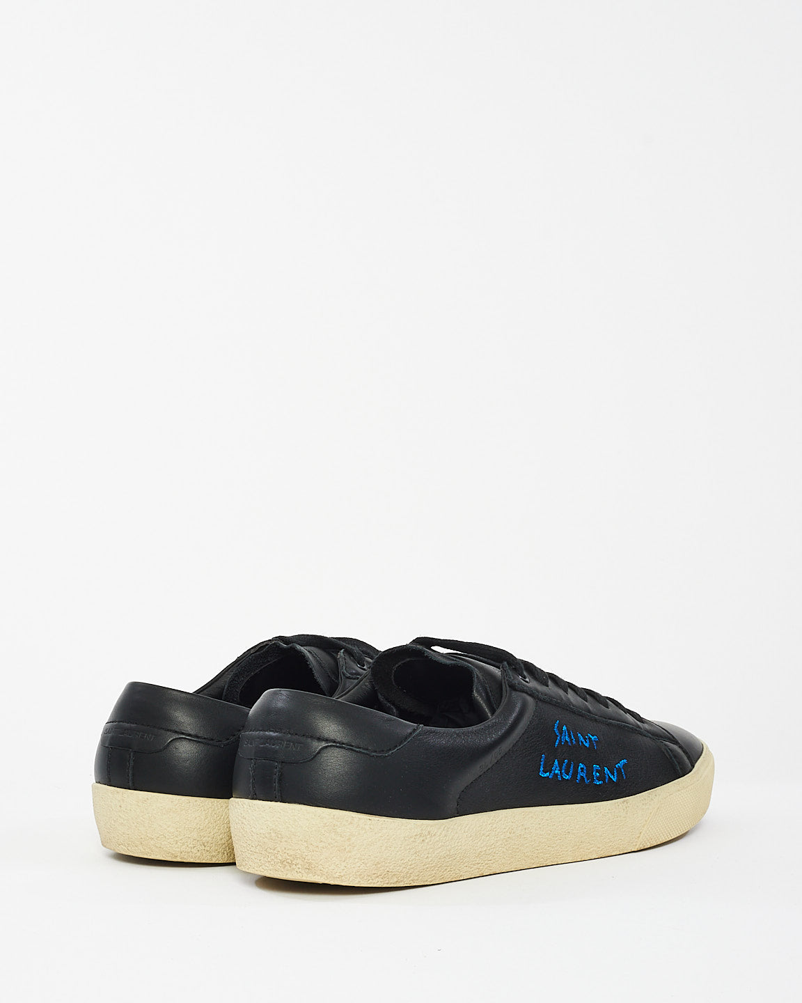 Saint Laurent Black Leather Blue Embroidered Sneakers - 41