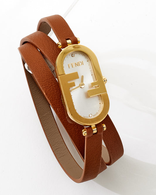 Fendi Brown Leather 
Gold O
Lock Oval Double Strap Logo Watch