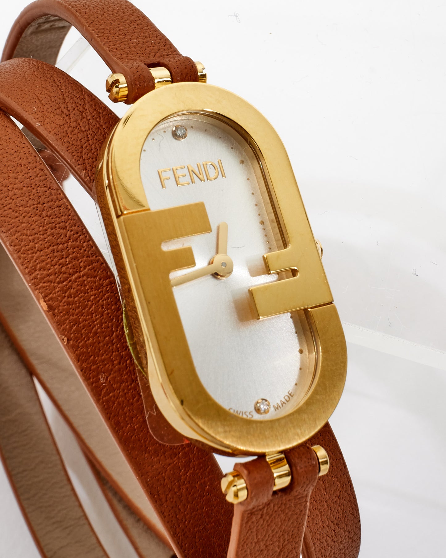 Fendi Brown Leather 
Gold O
Lock Oval Double Strap Logo Watch