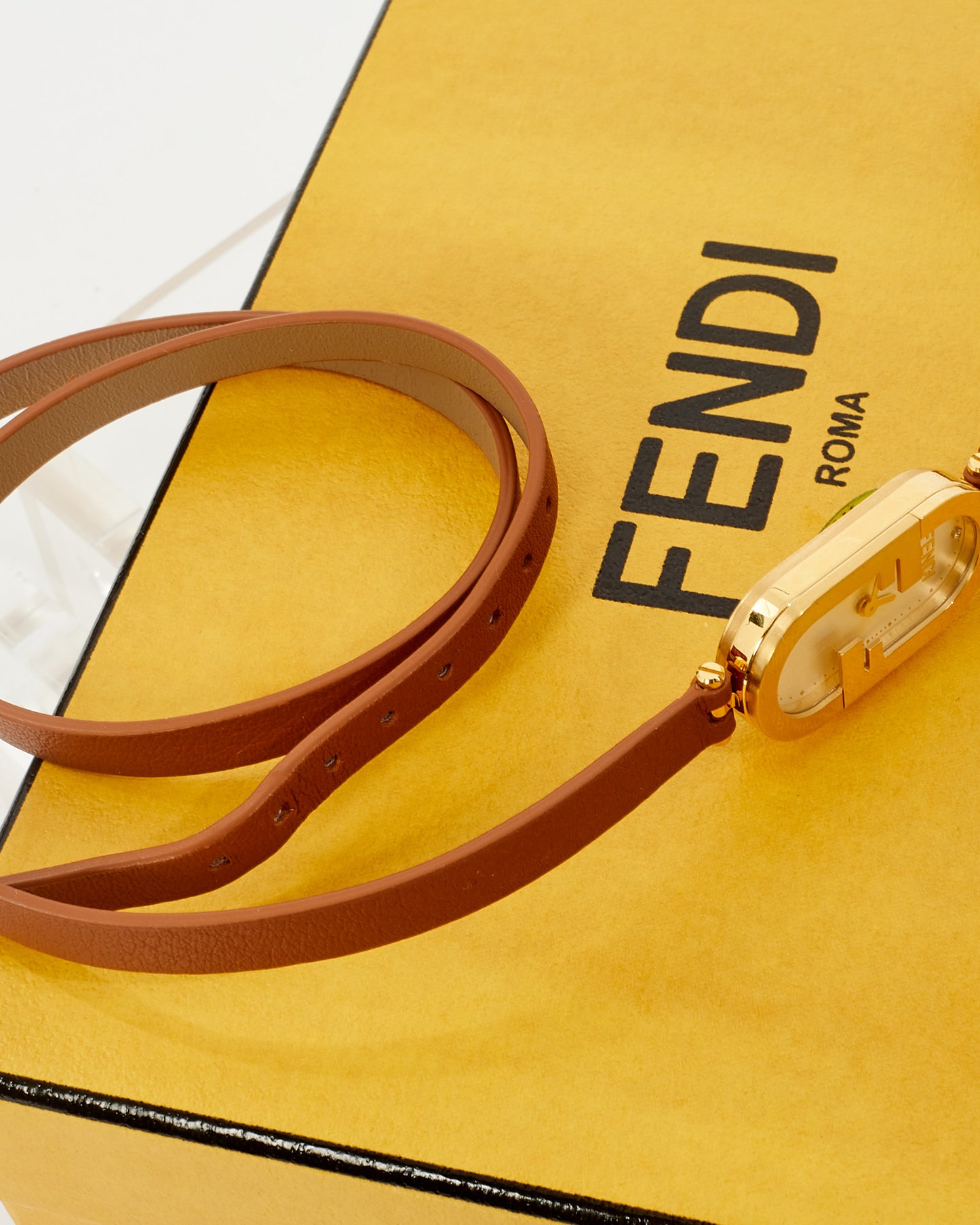 Fendi Brown Leather 
Gold O
Lock Oval Double Strap Logo Watch