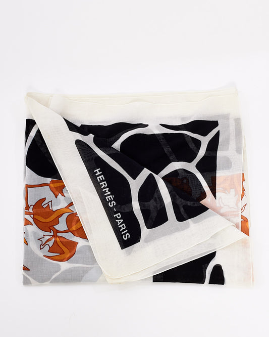 Hermès White Orange 
Black Chiffon Scarf