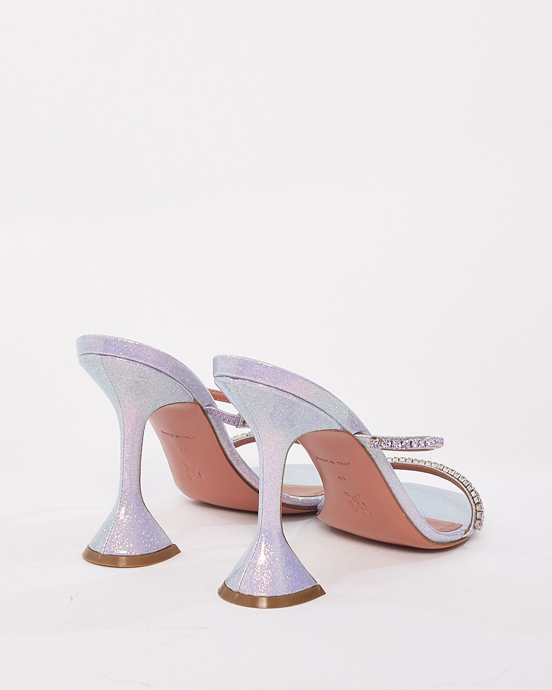 Amina Muaddi Lilac Iridescent Glitter 
Rhinestone Gilda 95 MM Mule - 40