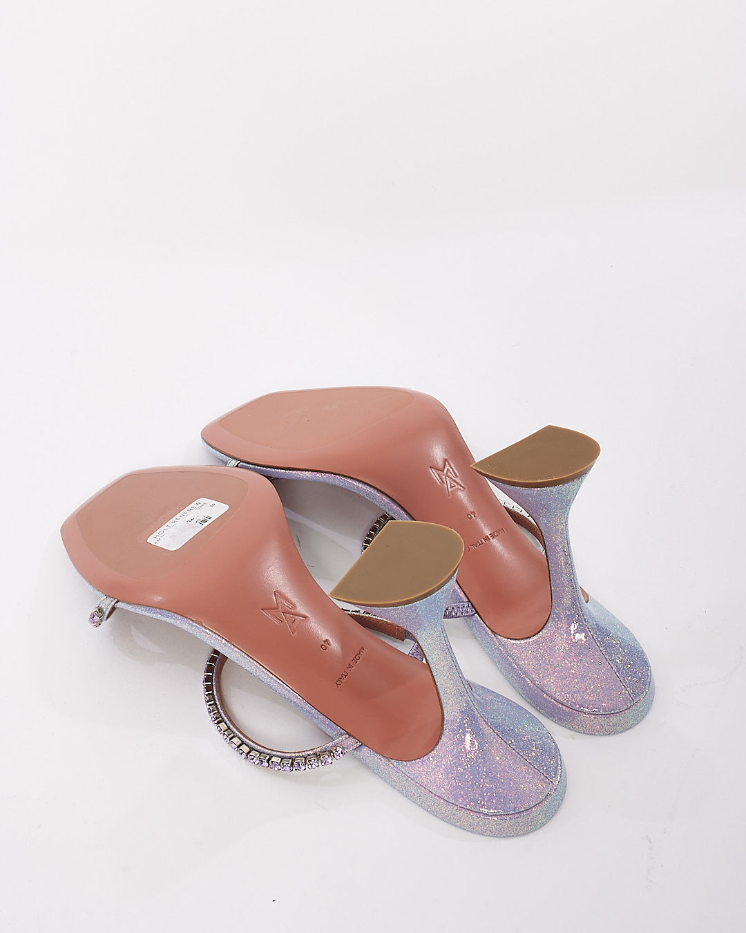 Amina Muaddi Lilac Iridescent Glitter 
Rhinestone Gilda 95 MM Mule - 40