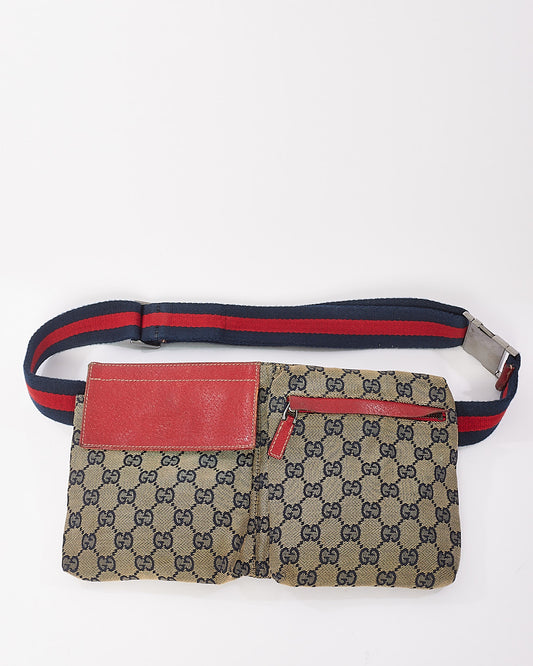 Gucci Red 
Navy GG Monogram Web Double Pocket Belt Bag