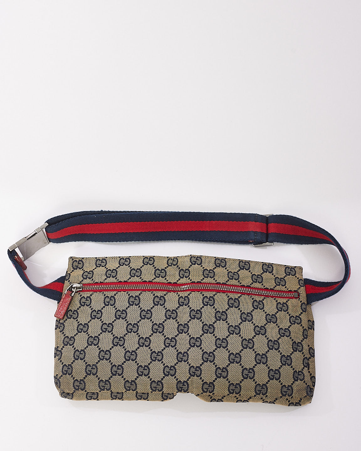 Gucci Red 
Navy GG Monogram Web Double Pocket Belt Bag