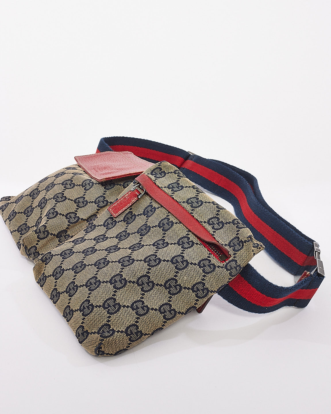 Gucci Red 
Navy GG Monogram Web Double Pocket Belt Bag