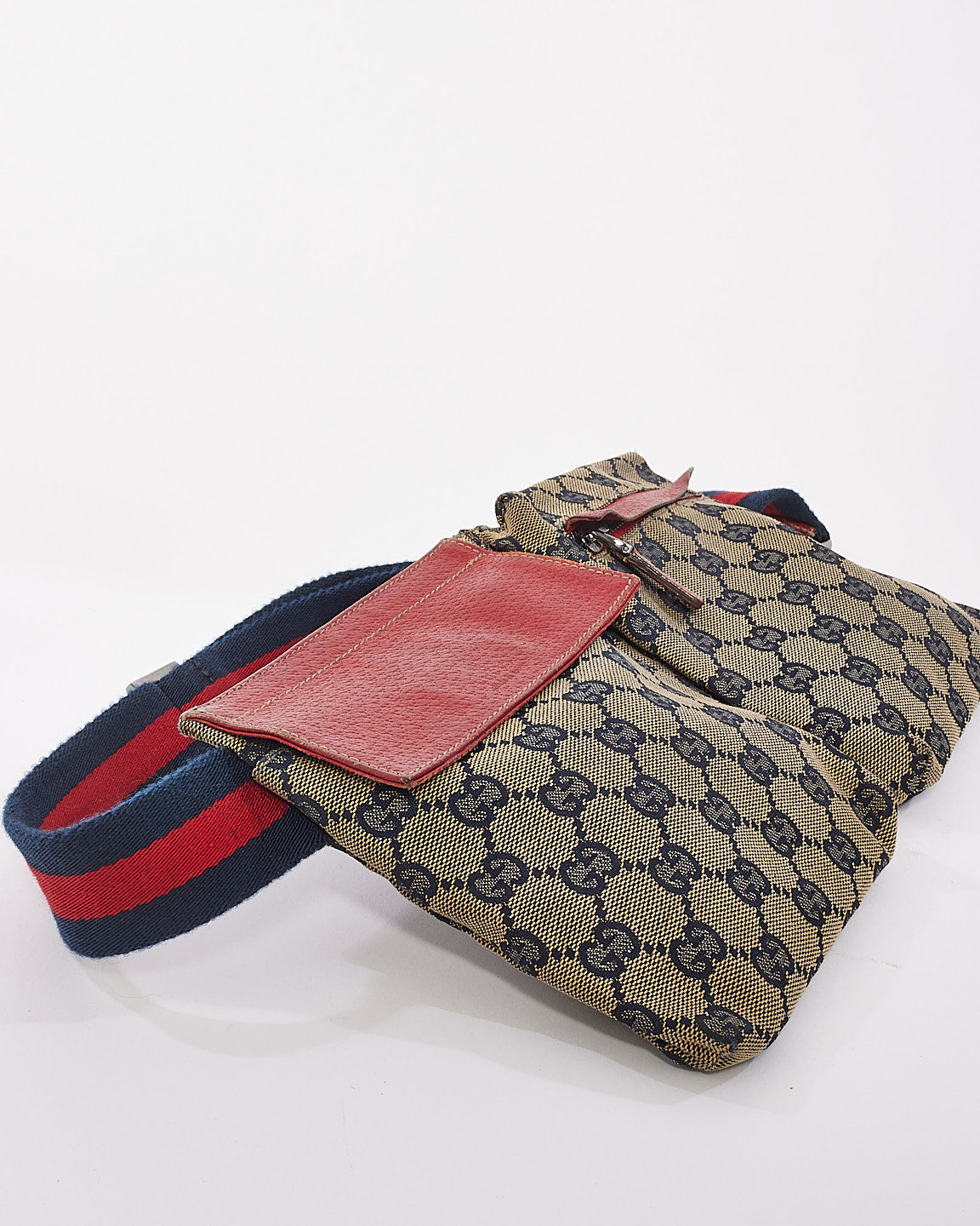 Gucci Red 
Navy GG Monogram Web Double Pocket Belt Bag