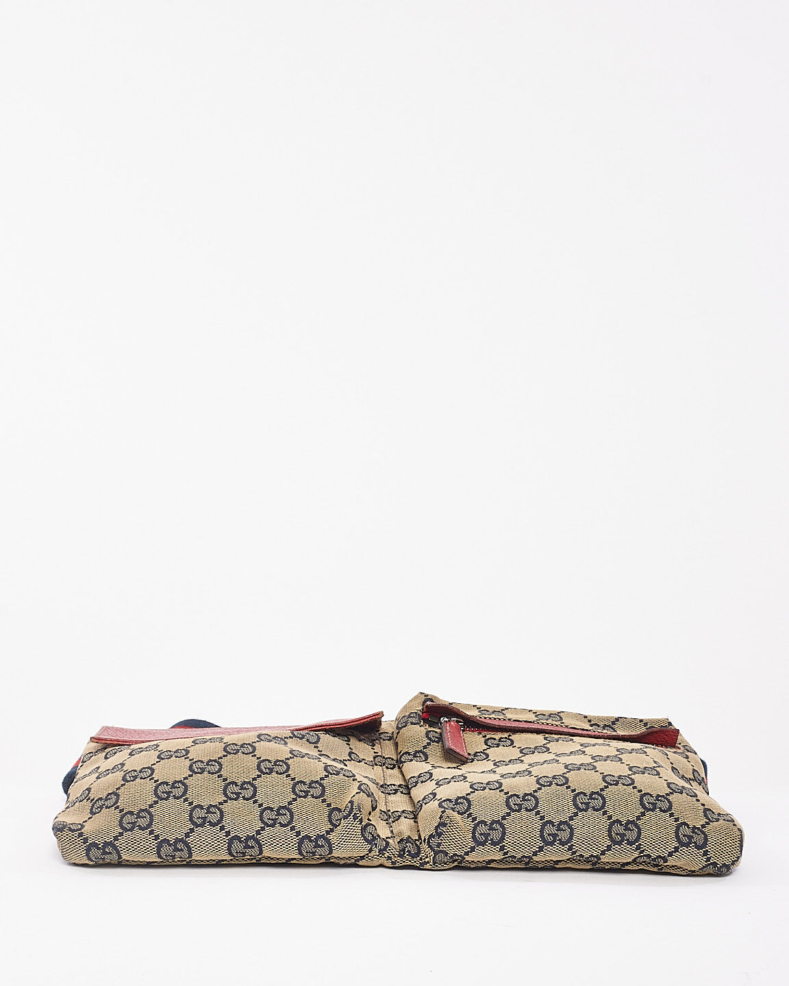 Gucci Red 
Navy GG Monogram Web Double Pocket Belt Bag