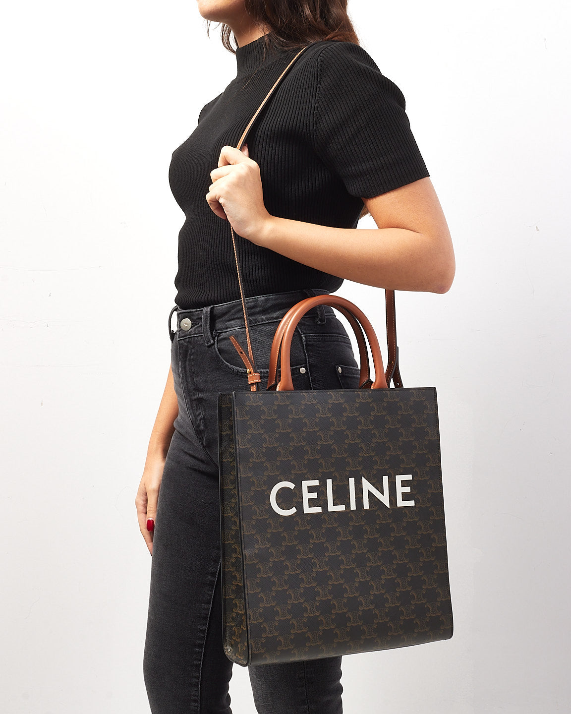 Celine Brown Triomphe Canvas Vertical Cabas Crossbody Tote