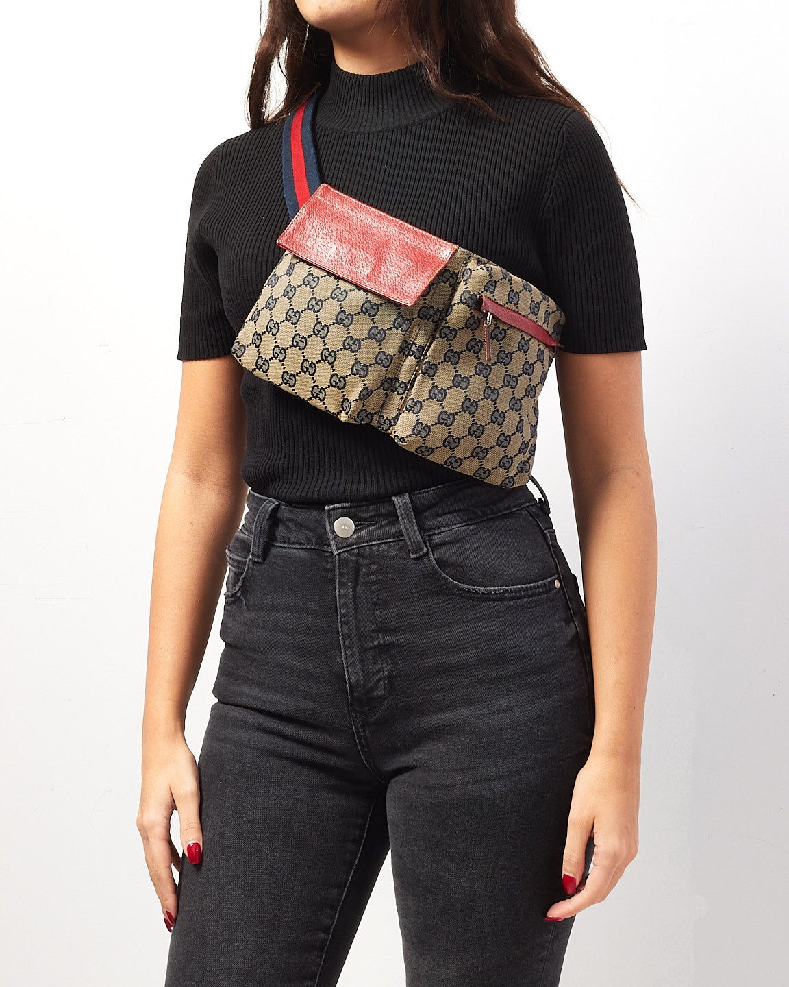 Gucci Red 
Navy GG Monogram Web Double Pocket Belt Bag