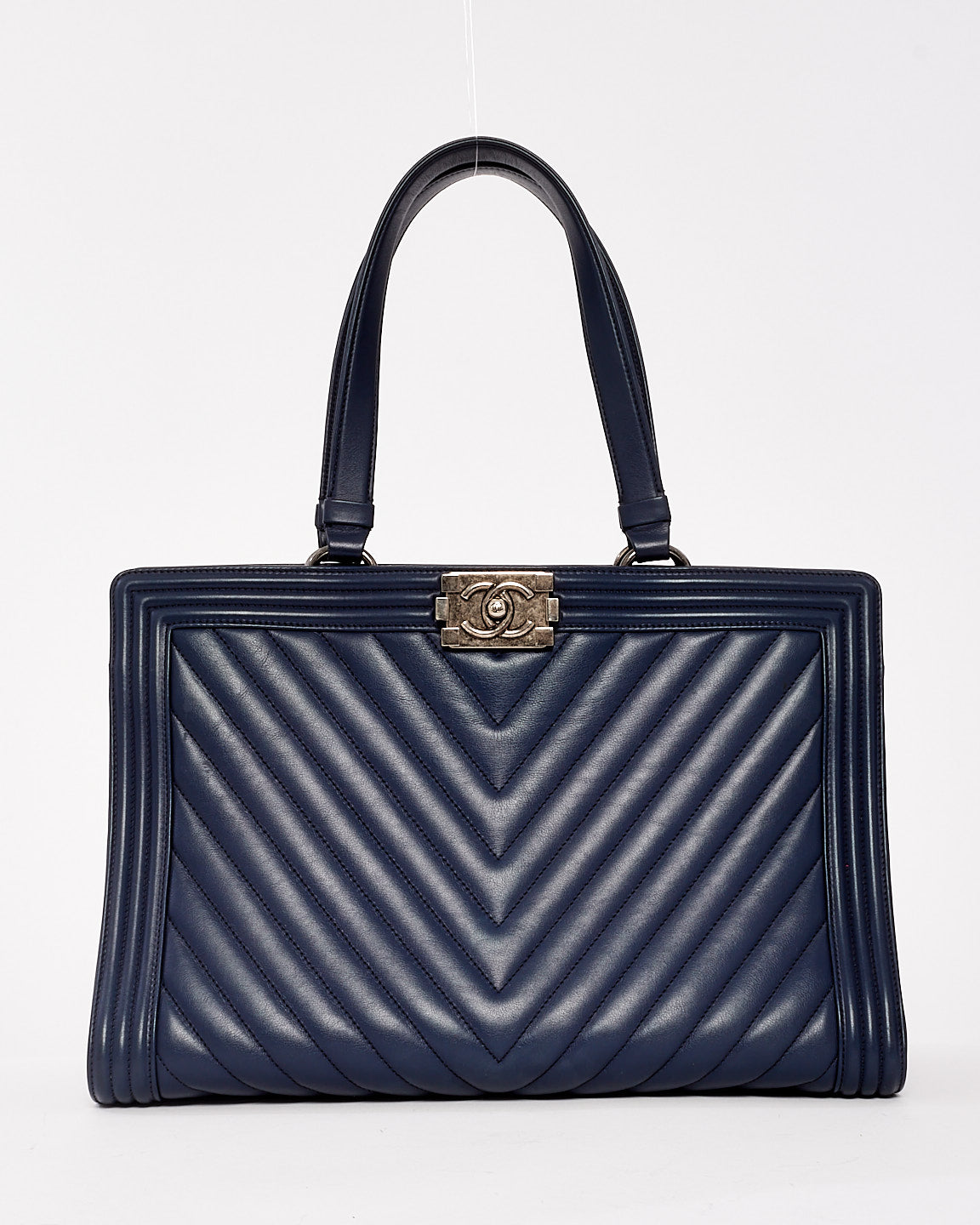 Chanel Navy Chevron Leather Boy Shopping Tote