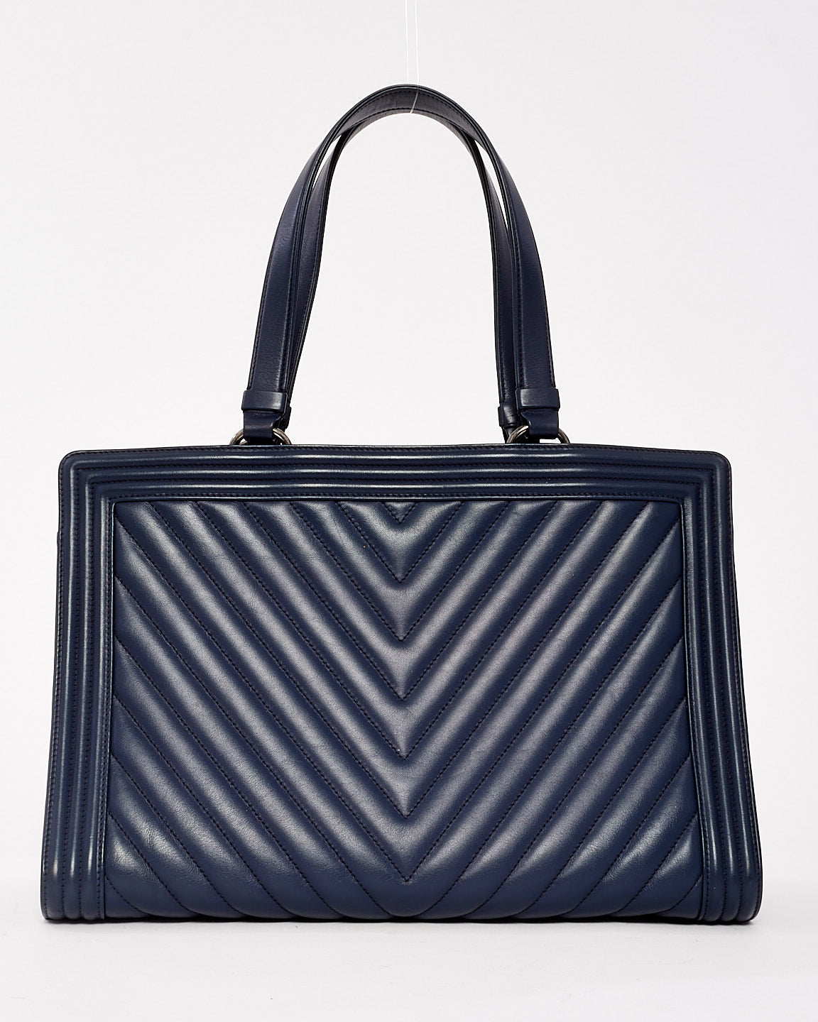 Chanel Navy Chevron Leather Boy Shopping Tote