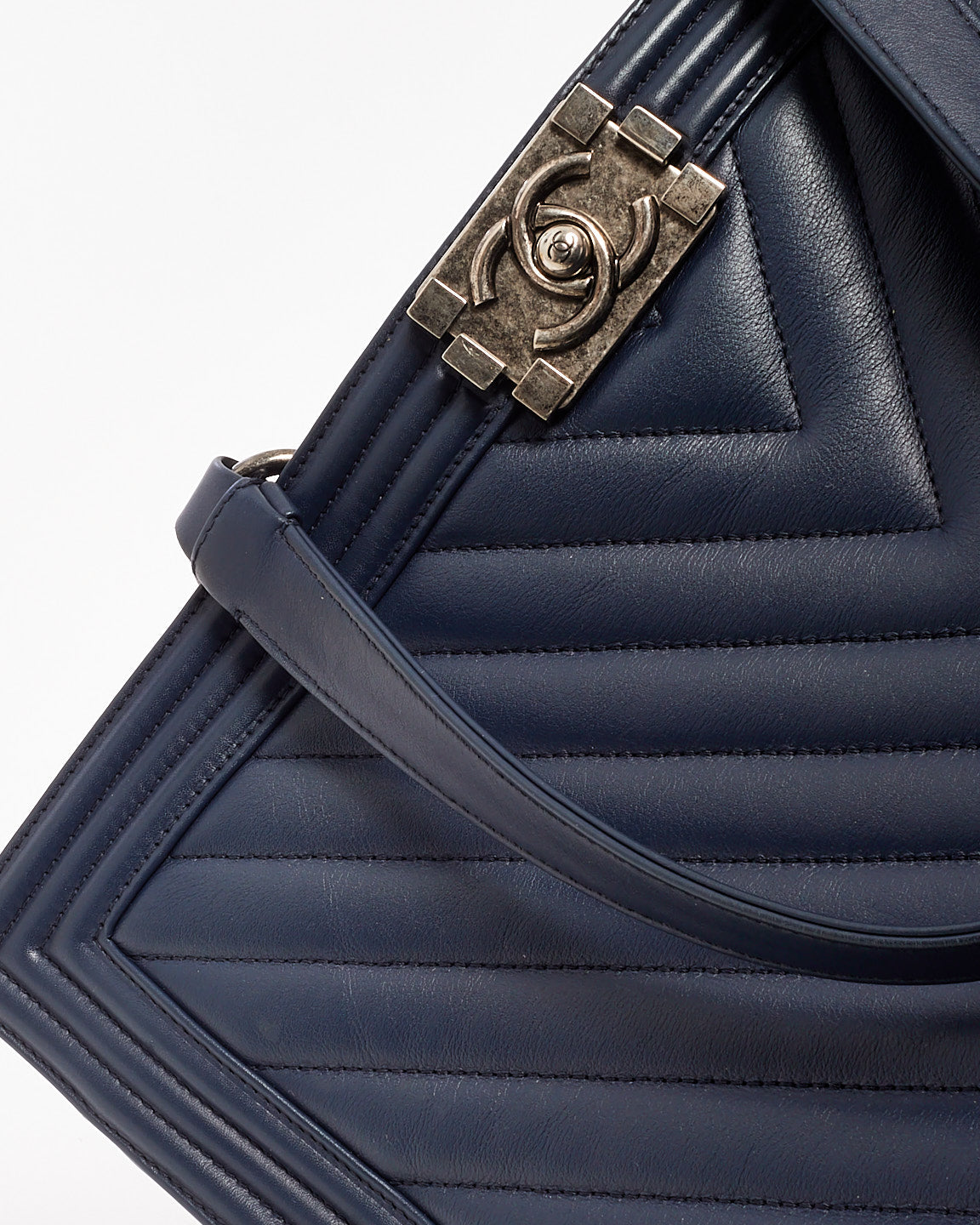 Chanel Navy Chevron Leather Boy Shopping Tote