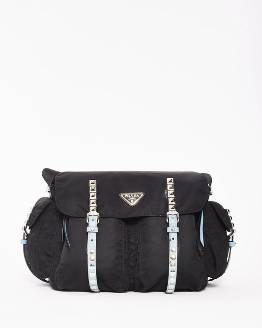 Prada Black 
Baby Blue Nylon Studded Large Messenger Crossbody Bag