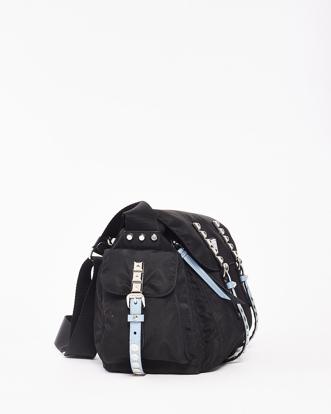 Prada Black 
Baby Blue Nylon Studded Large Messenger Crossbody Bag