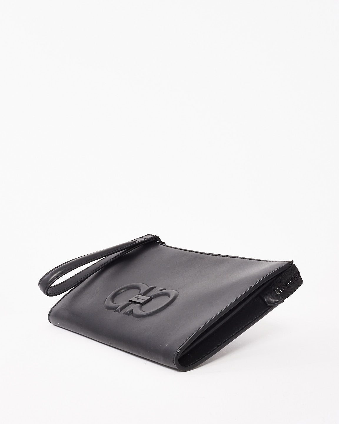 Salvatore Ferragamo Black Leather Embossed Logo Wristlet Clutch