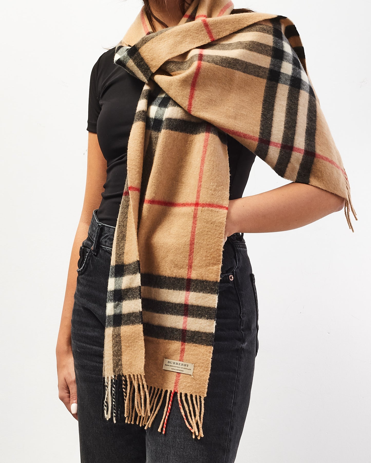 Burberry Brown Cashmere Plaid Fringe Scarf