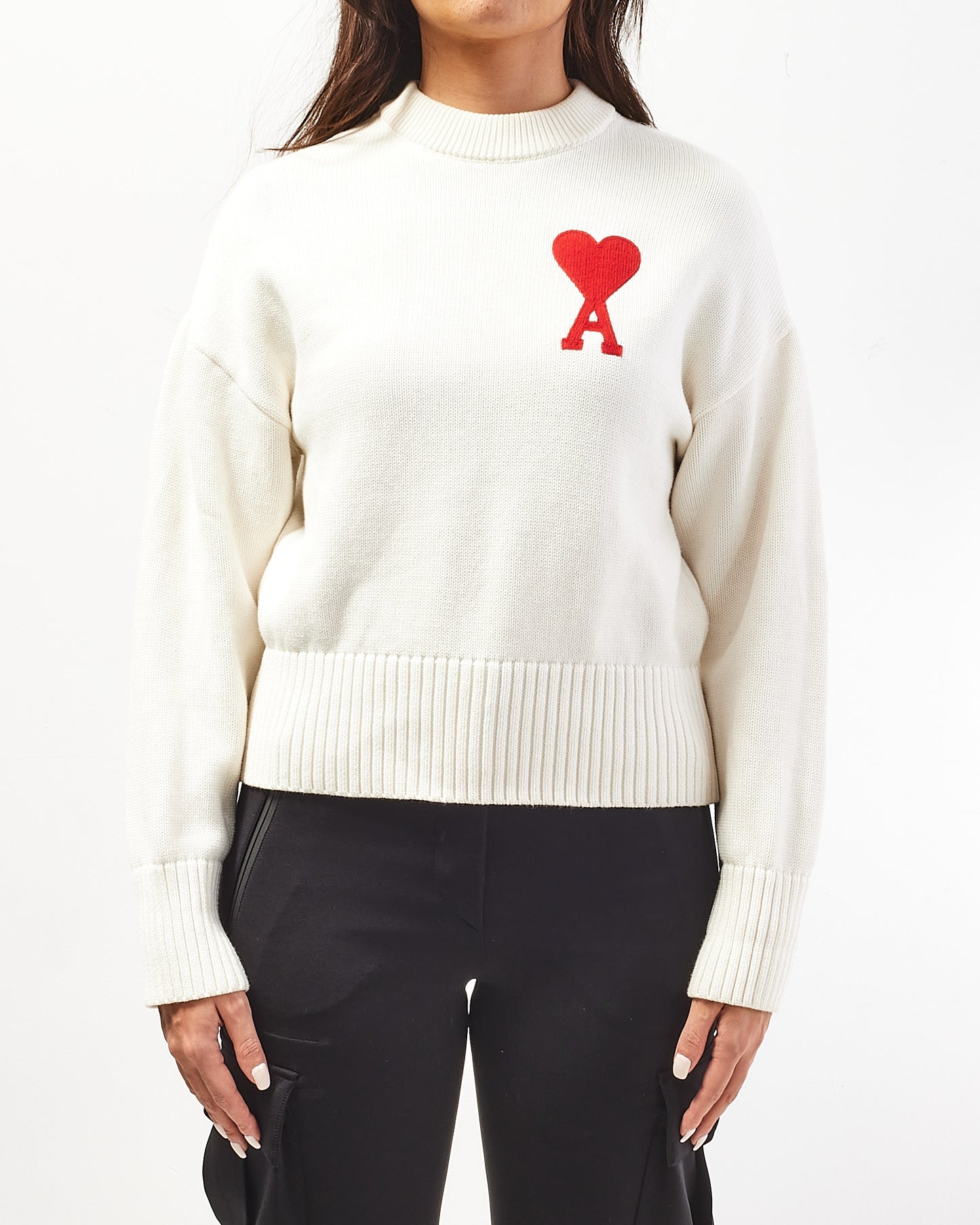 Ami Paris White Knit Classic Logo Crewneck - S