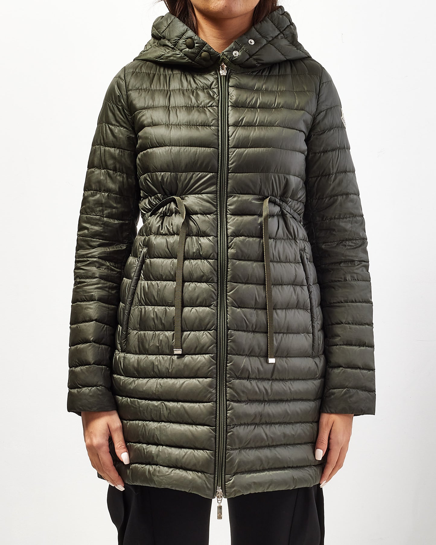 Moncler Green Nylon Cinched Waist Long Puffer Jacket - 0