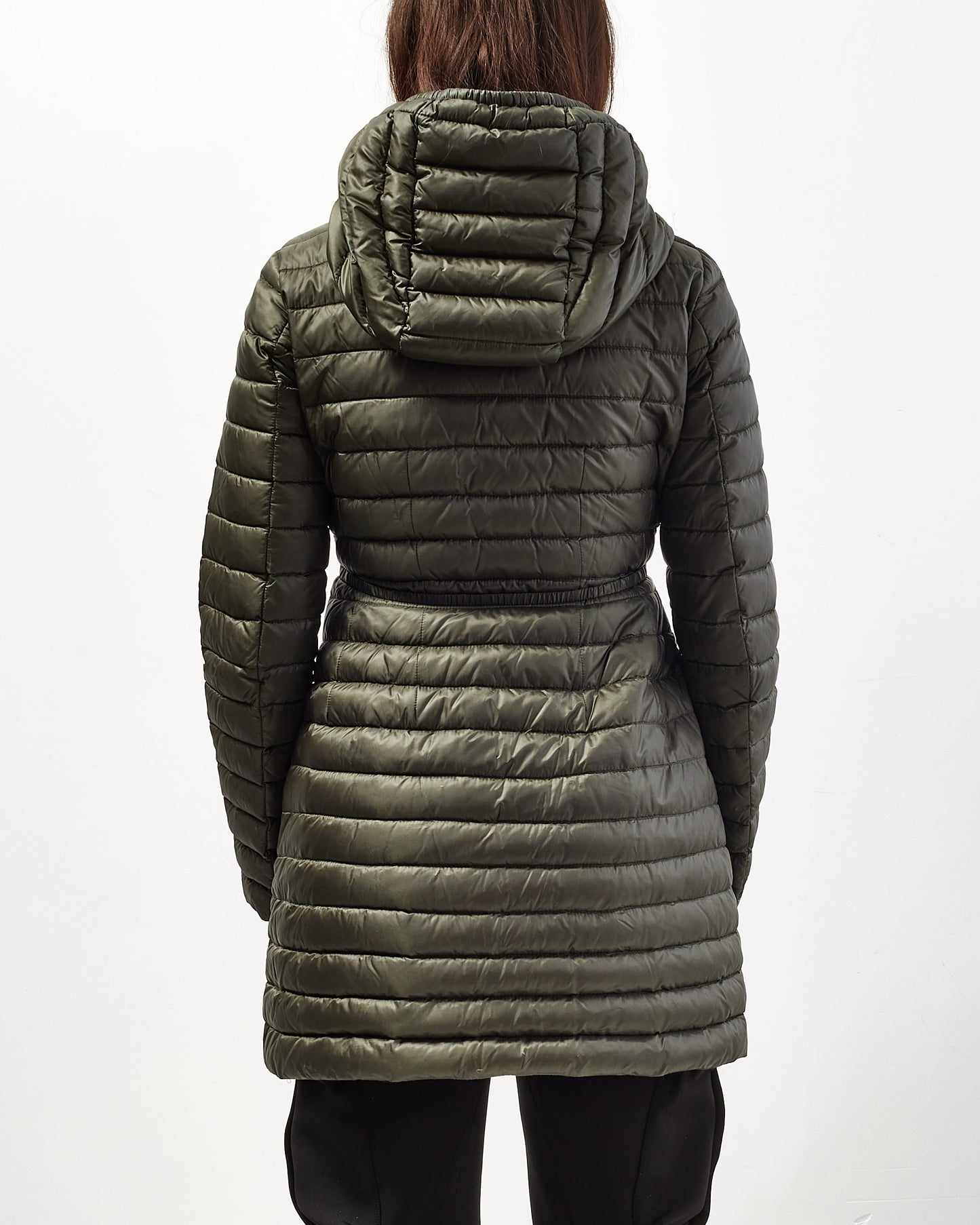 Moncler Green Nylon Cinched Waist Long Puffer Jacket - 0