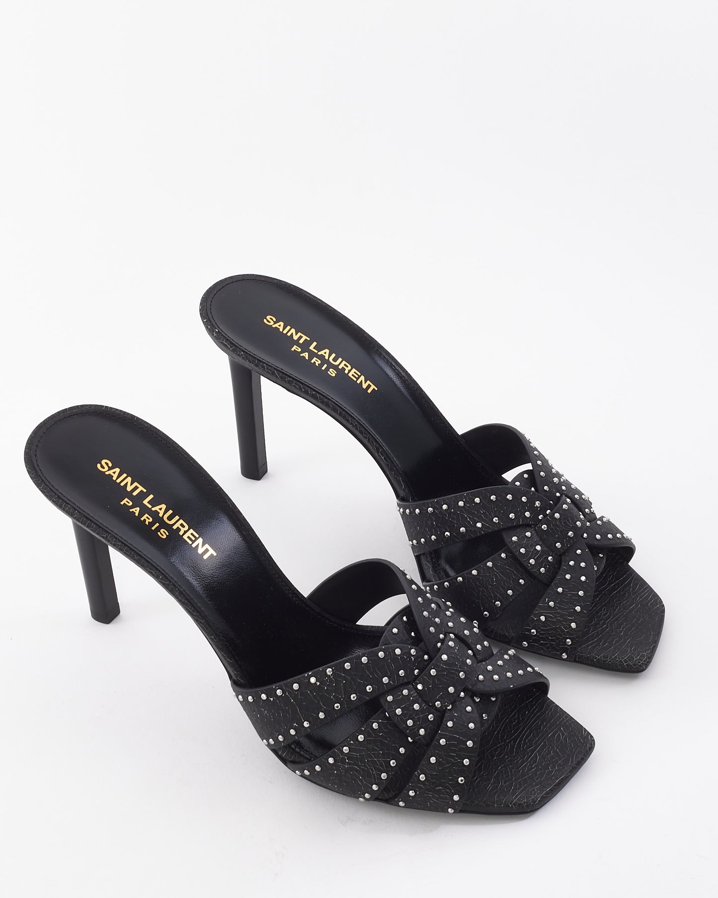 Saint Laurent Black Leather Studded Tribute High Heel Mule Sandals - 38