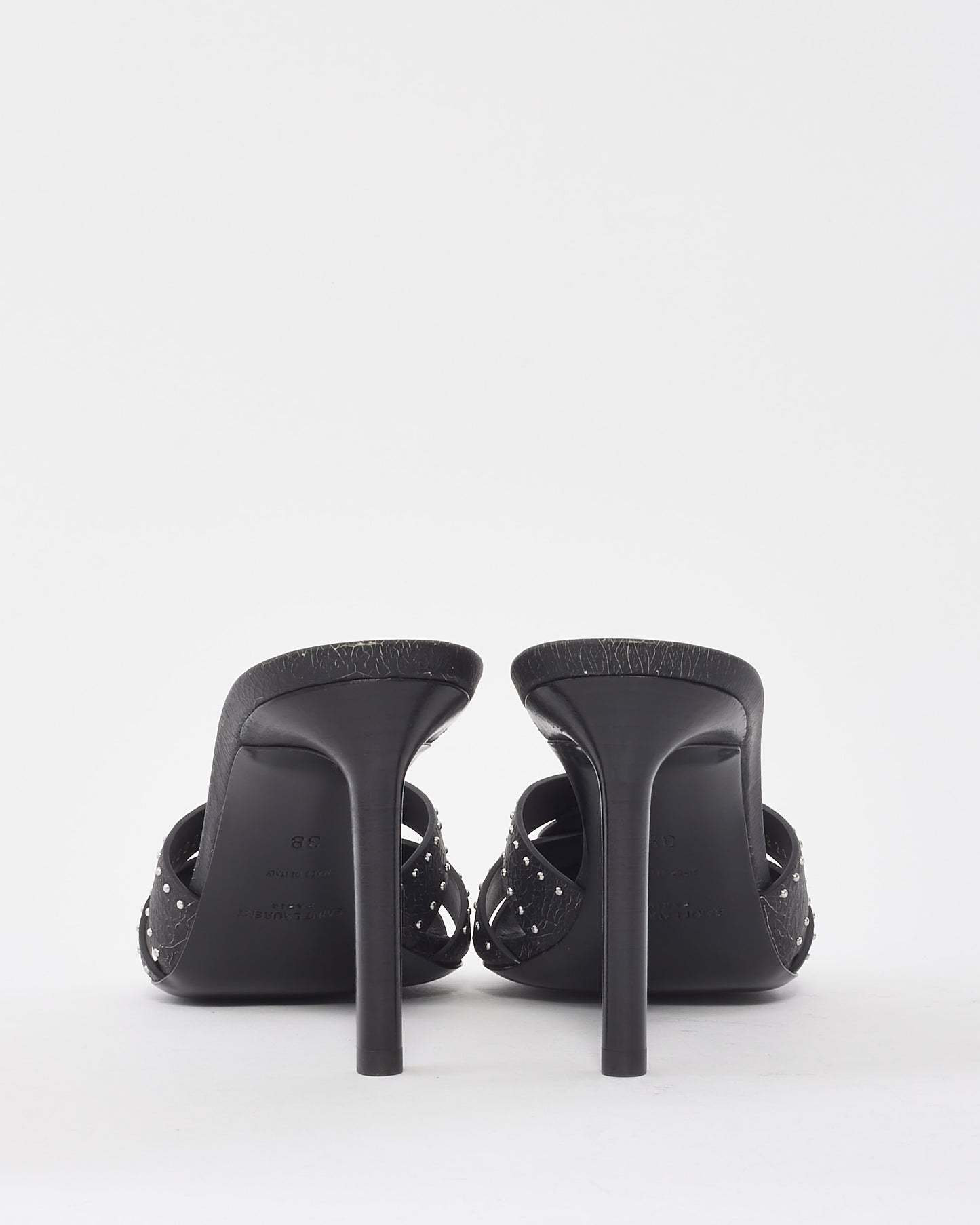 Saint Laurent Black Leather Studded Tribute High Heel Mule Sandals - 38