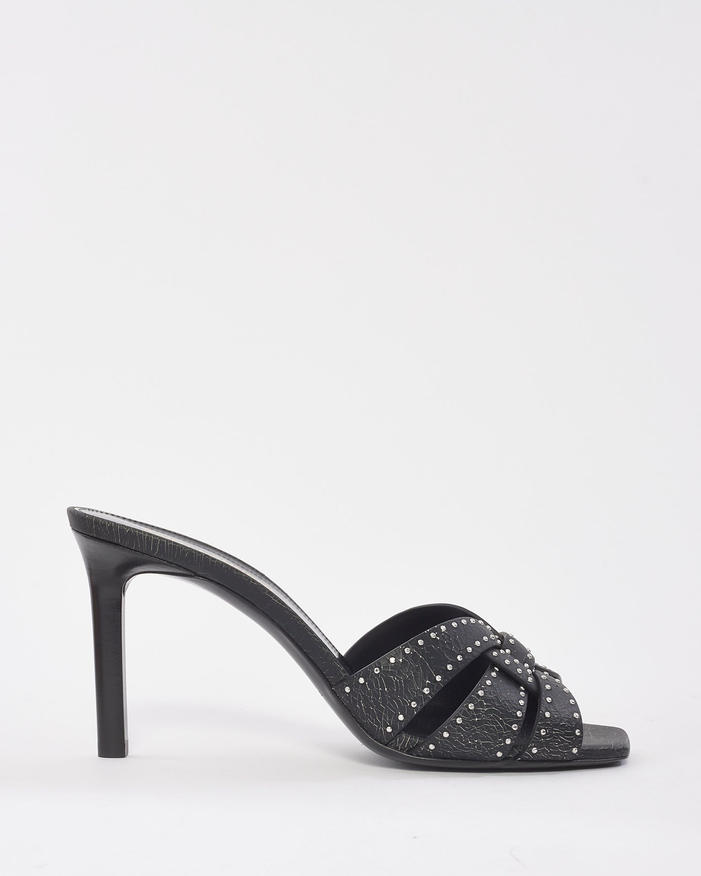 Saint Laurent Black Leather Studded Tribute High Heel Mule Sandals - 38