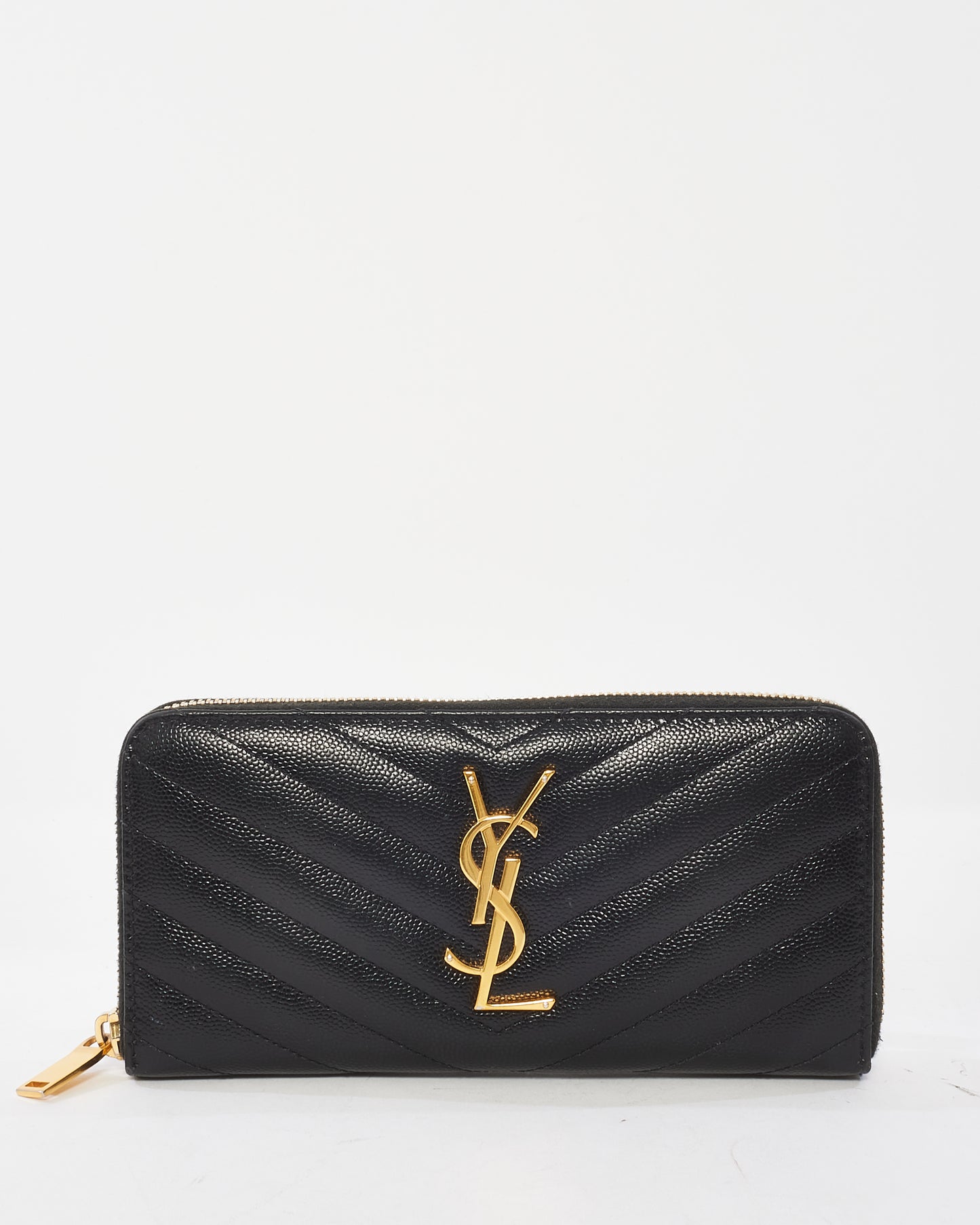 Saint Laurent Black Leather Matelasse Logo Full Zip Long Wallet