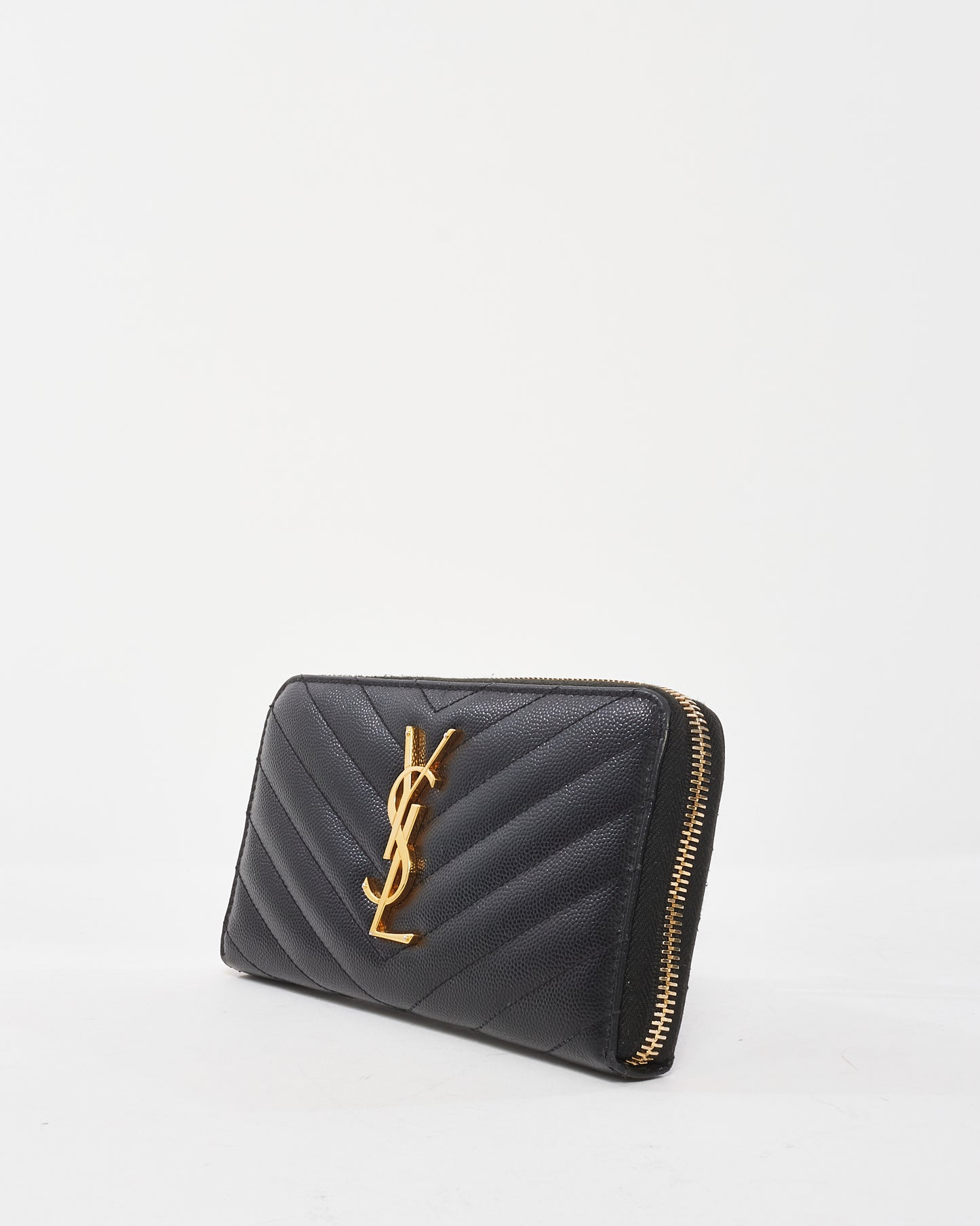 Saint Laurent Black Leather Matelasse Logo Full Zip Long Wallet