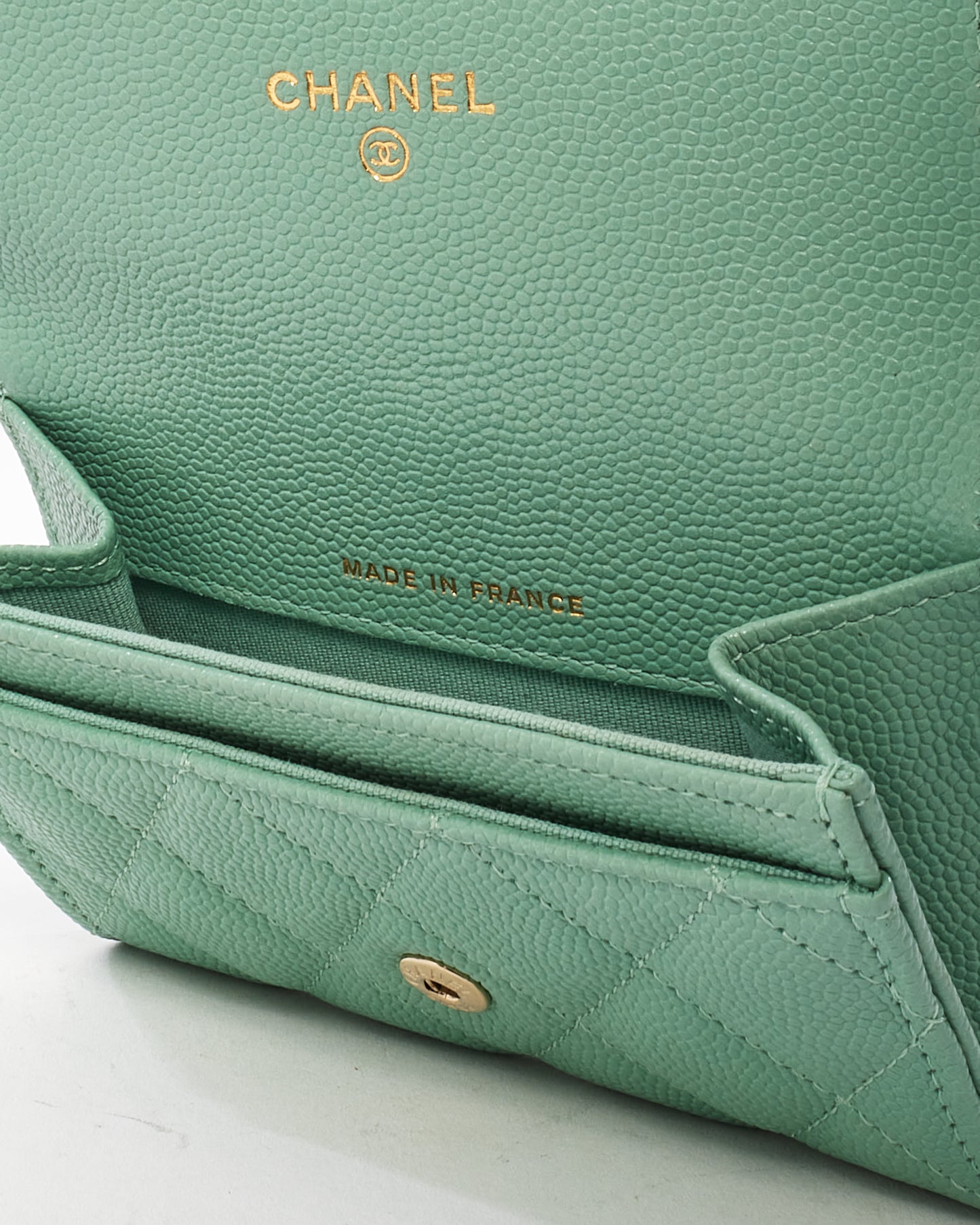 Chanel Mint Green Caviar Leather Flap Card Case