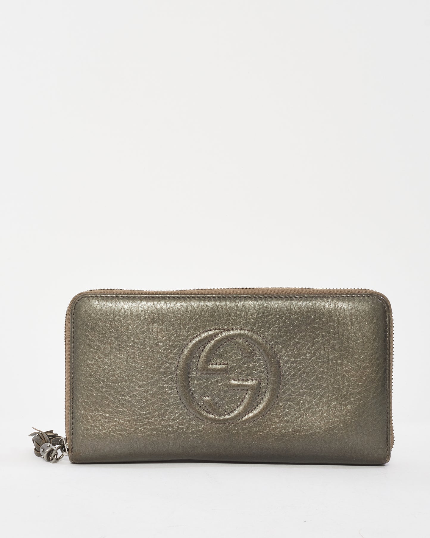 Gucci Metallic Pewter Leather Embossed Soho Logo Long Zip Wallet