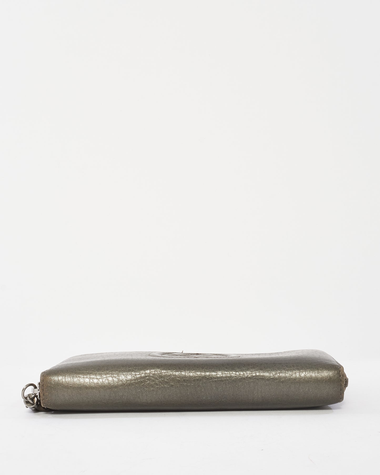 Gucci Metallic Pewter Leather Embossed Soho Logo Long Zip Wallet