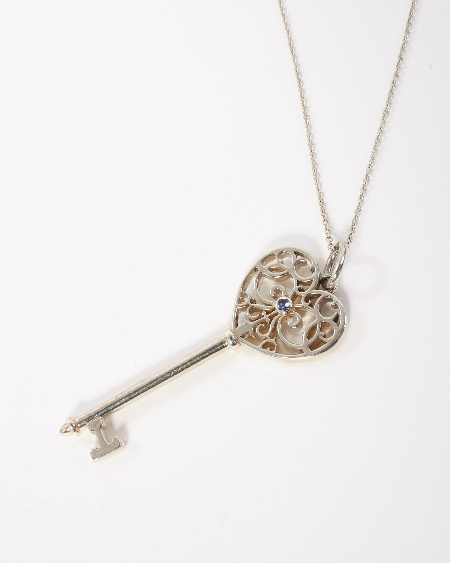 Tiffany 
Co. Silver Filigree Heart Key Pendant Necklace