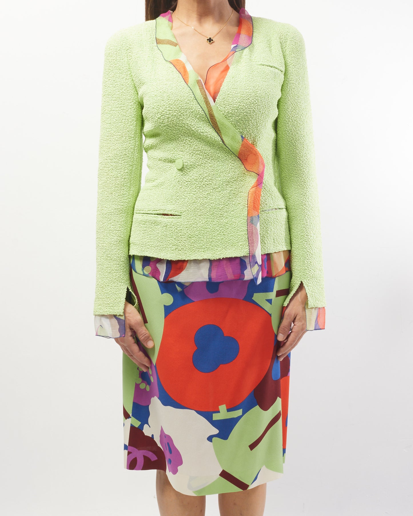 Chanel Vintage Lime Green Tweed Blazer 
Multicolor Flower Skirt Suit Set - 34