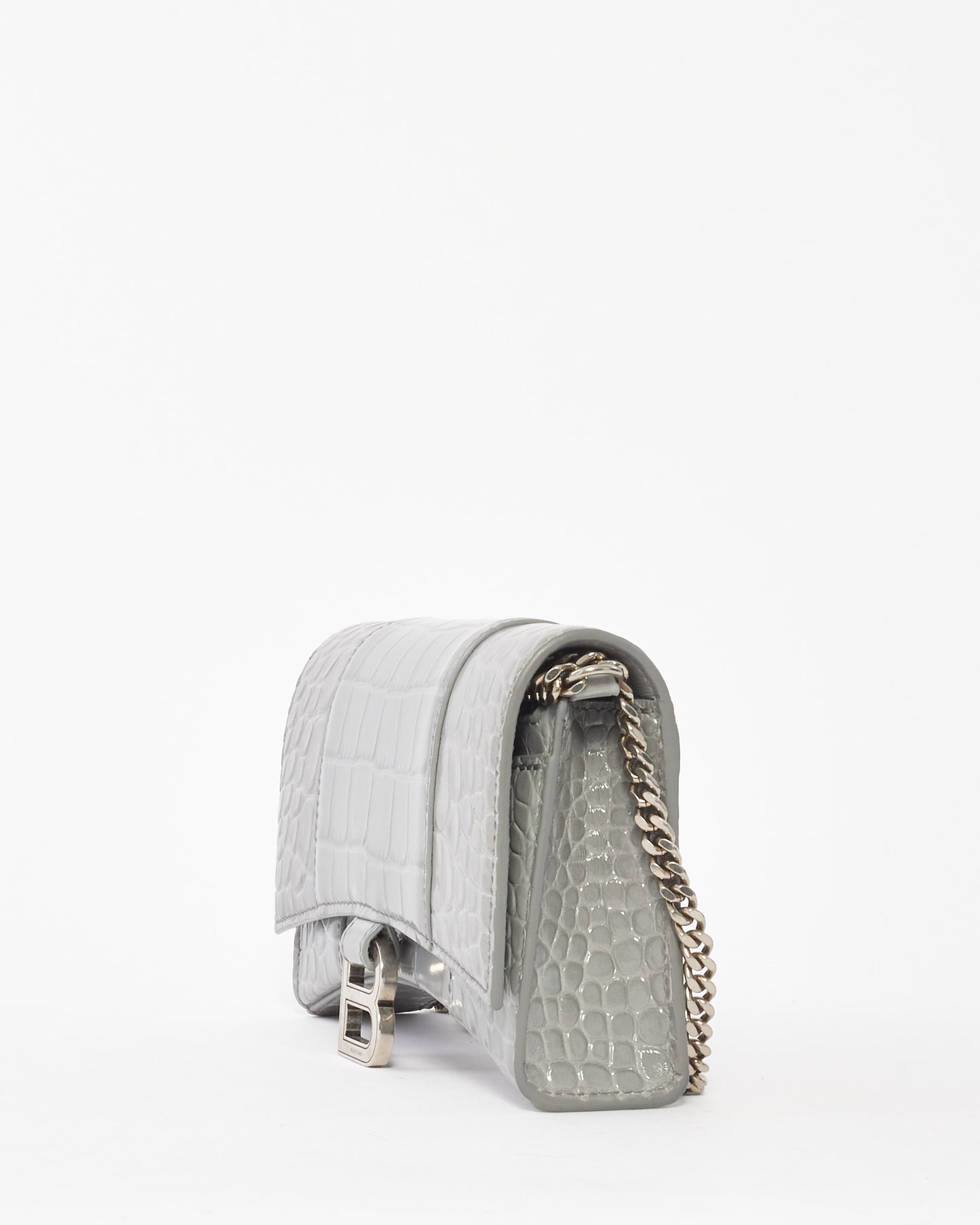 Balenciaga Light Grey Croc Embossed Hourglass Wallet On Chain