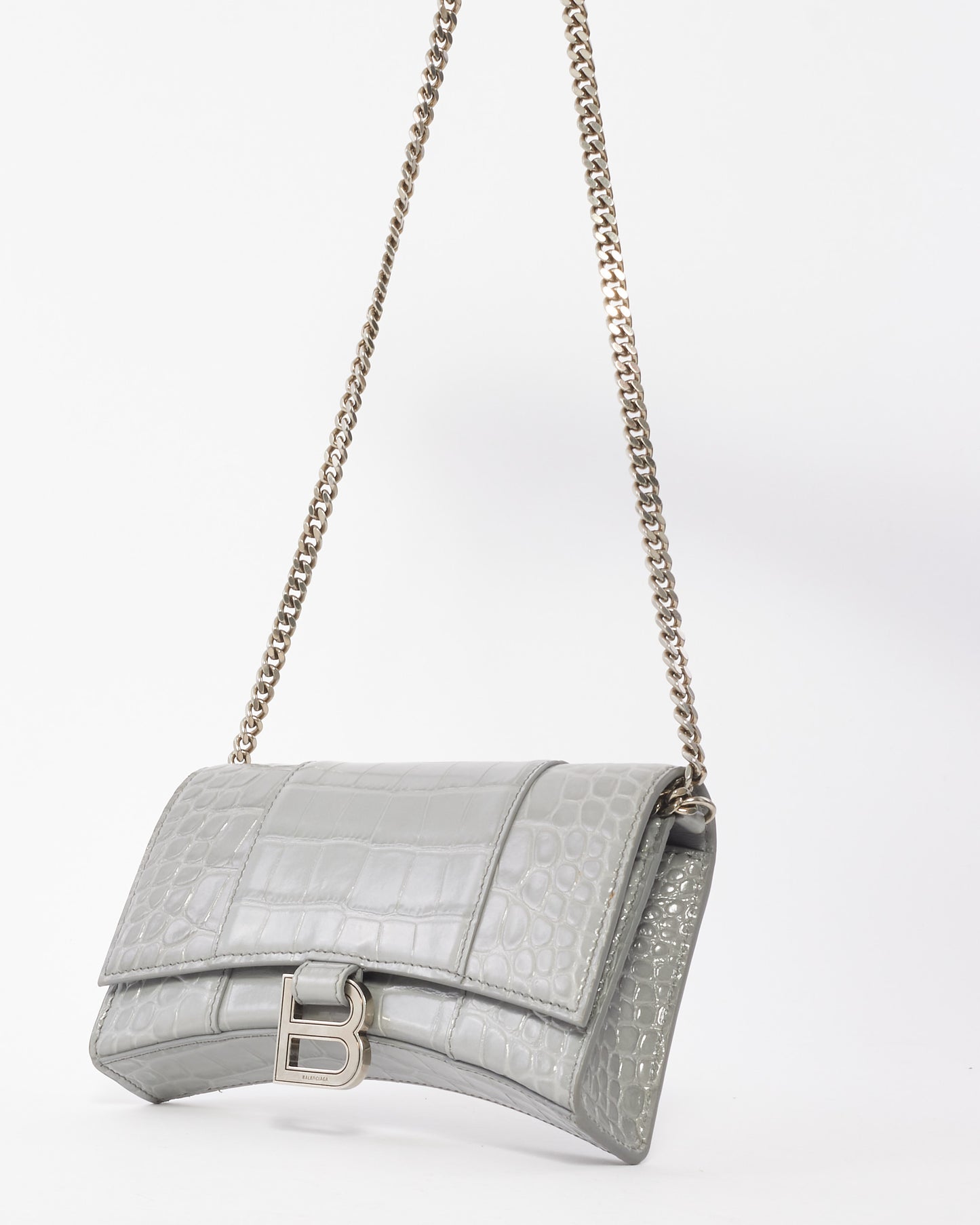 Balenciaga Light Grey Croc Embossed Hourglass Wallet On Chain