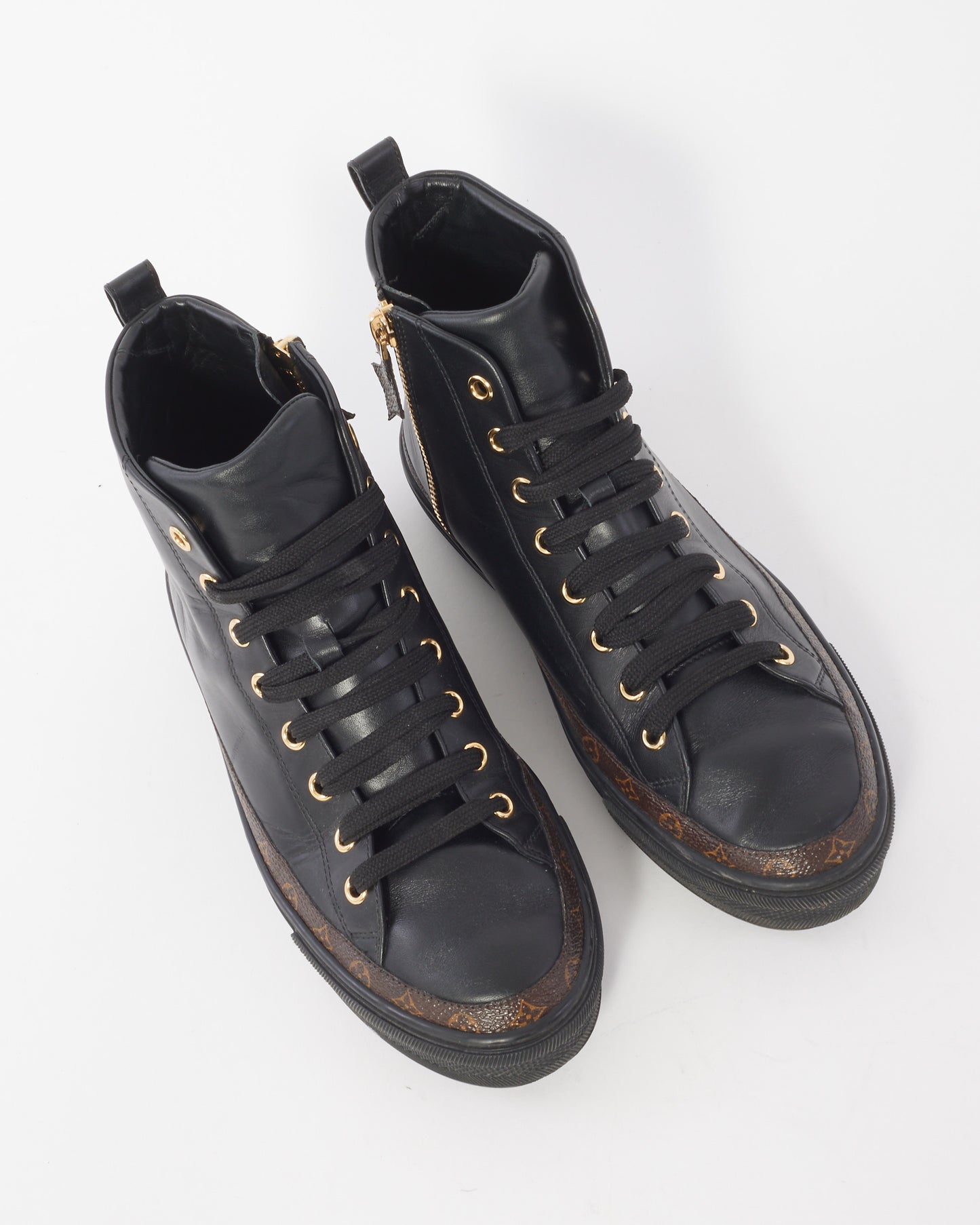 Louis Vuitton Black Leather 
Monogram High Top Stellar Sneakers - 37.5