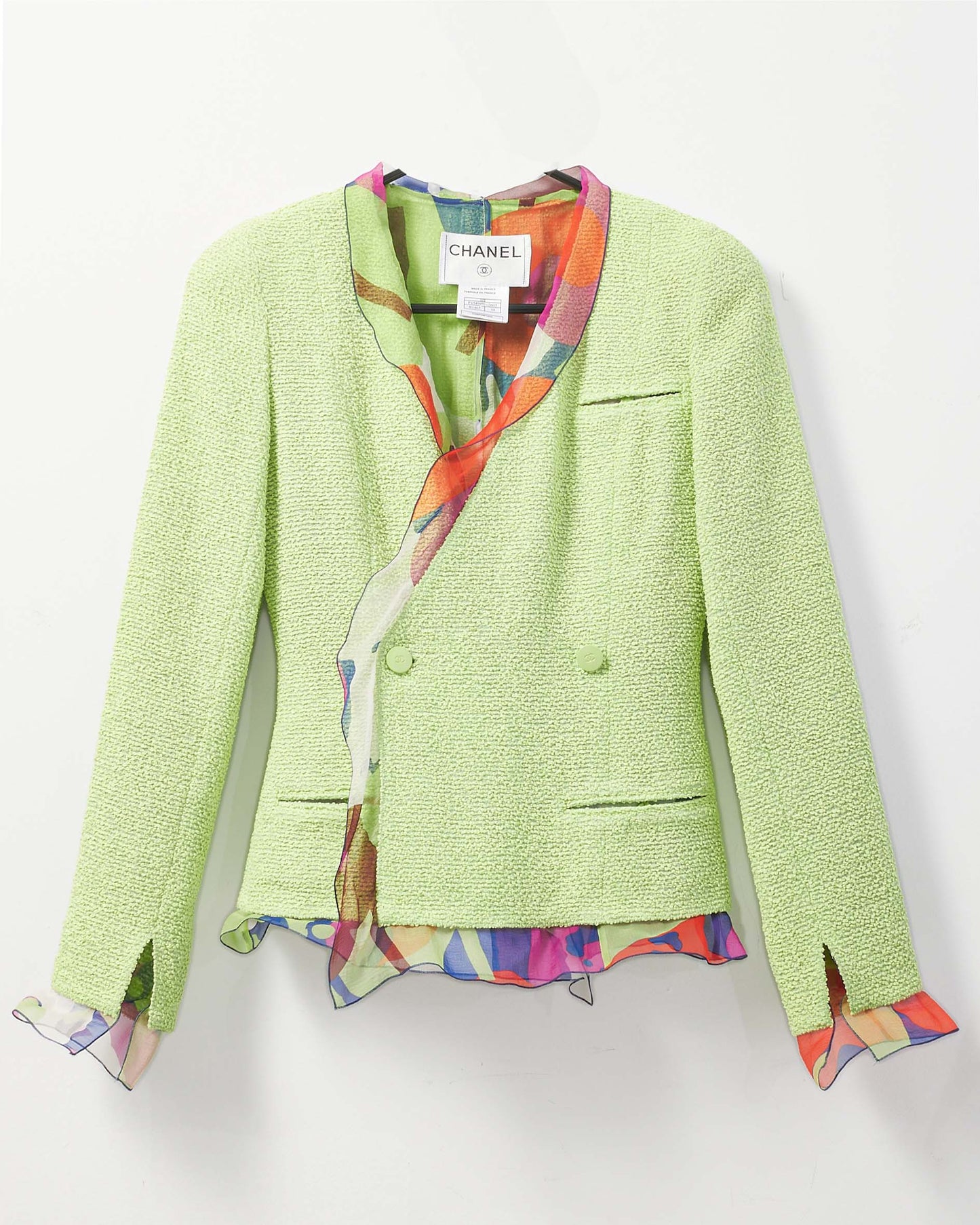 Chanel Vintage Lime Green Tweed Blazer 
Multicolor Flower Skirt Suit Set - 34