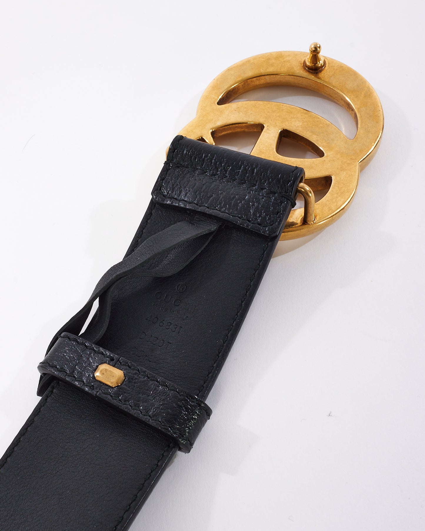 Gucci Black Grained Leather Brushed Gold Double GG Marmont Belt - 85/34