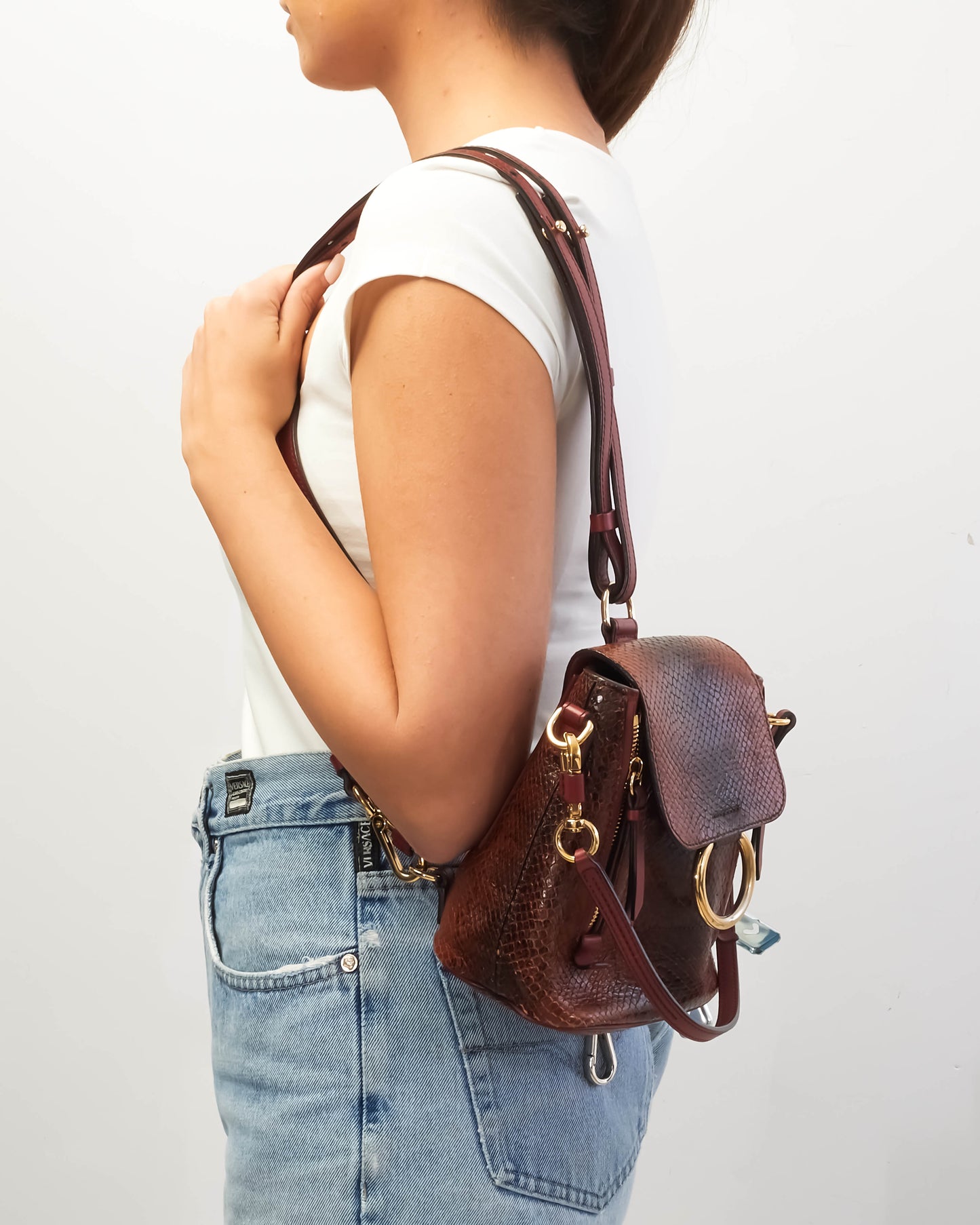 Chloé Burgundy Python Leather Small Faye Backpack