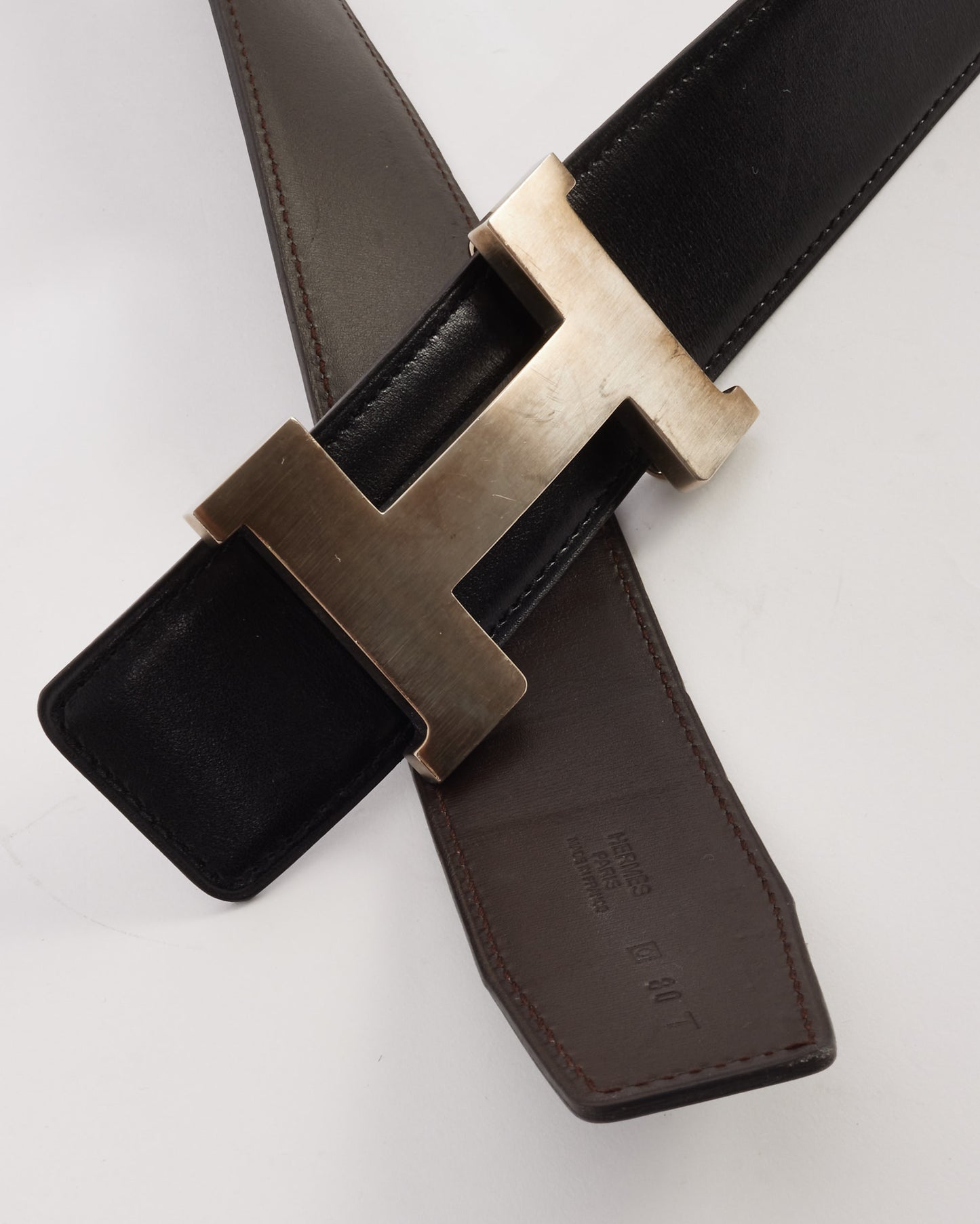 Hermès Black 
Dark Brown Reversible SHW Constance Belt - 80