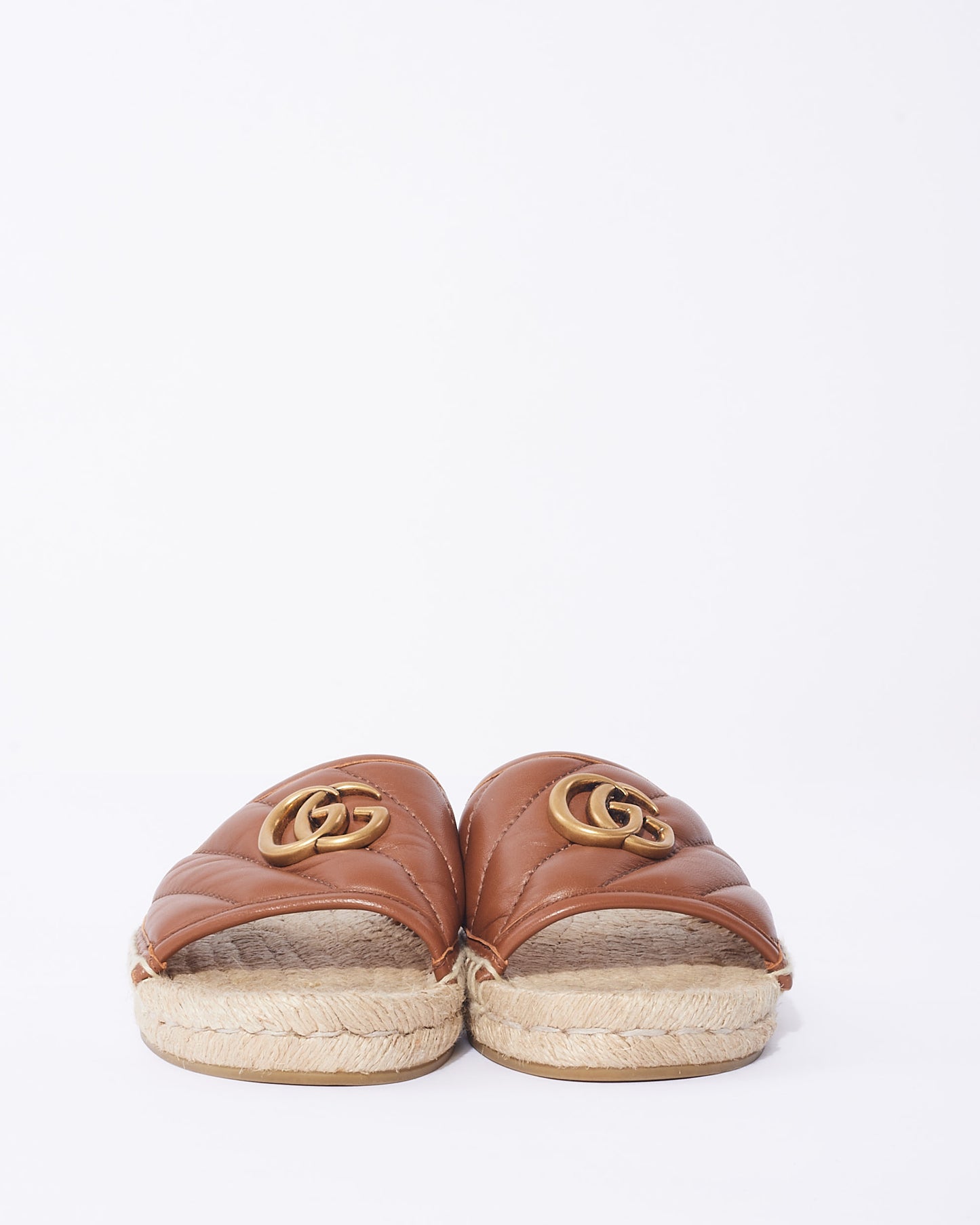 Gucci Brown Leather GG Marmont Espadrille Slide Sandals - 38.5