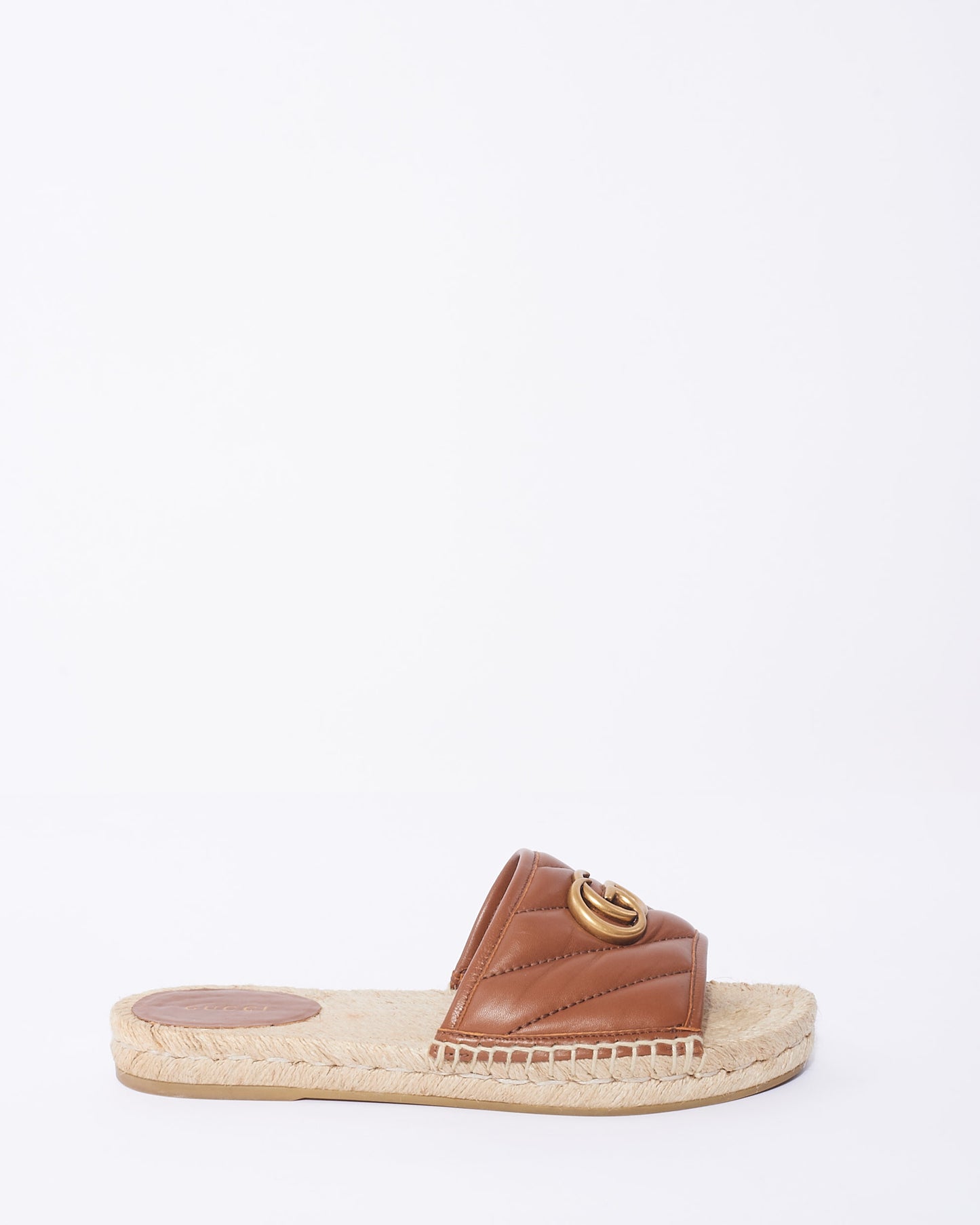 Gucci Brown Leather GG Marmont Espadrille Slide Sandals - 38.5