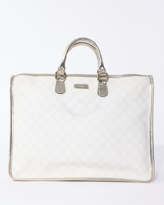 Gucci White Monogram GG Supreme Canvas 
Silver Trim Top Handle Bag