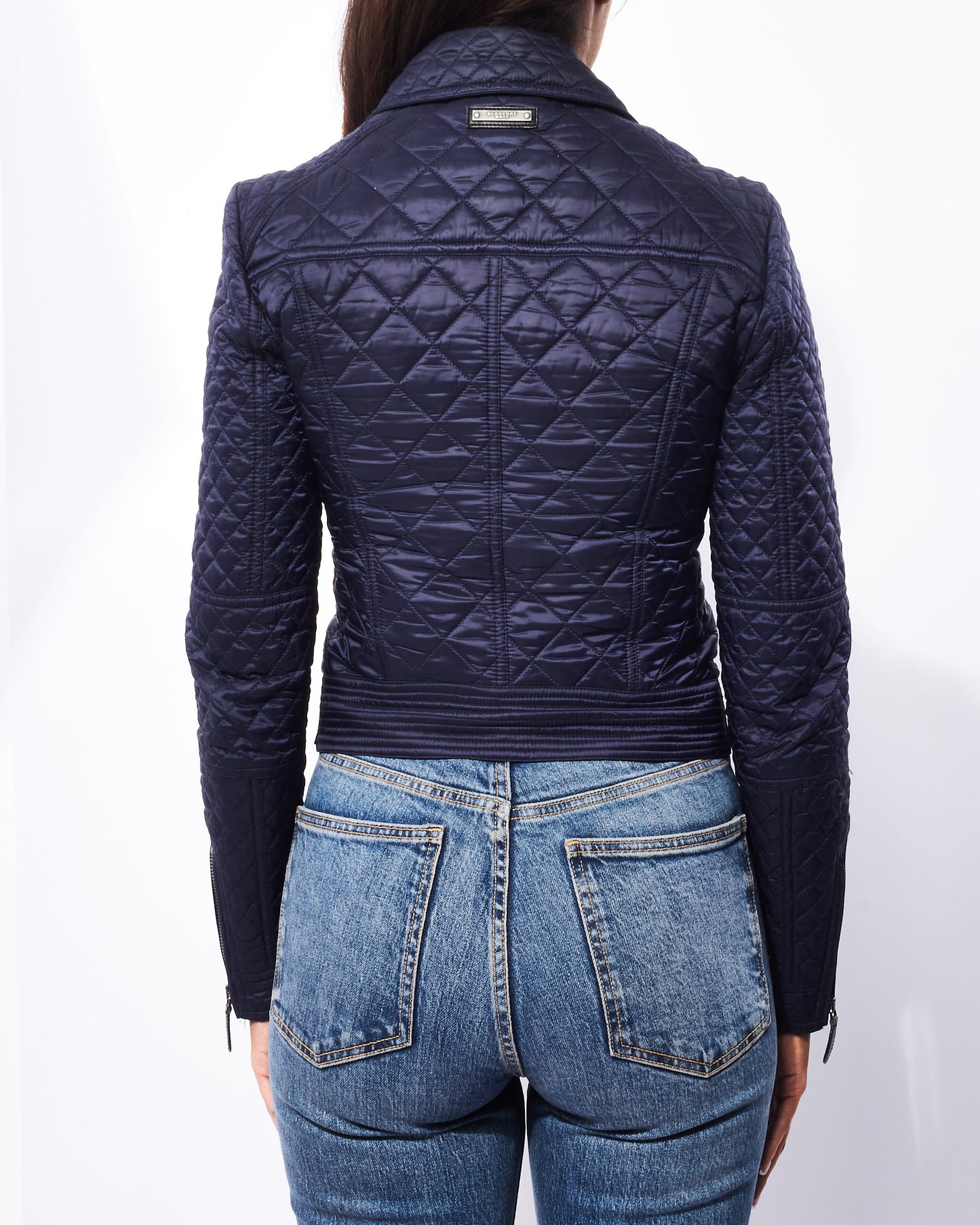 Burberry Navy Blue Quilted Nylon Moto Style Jacket - XS