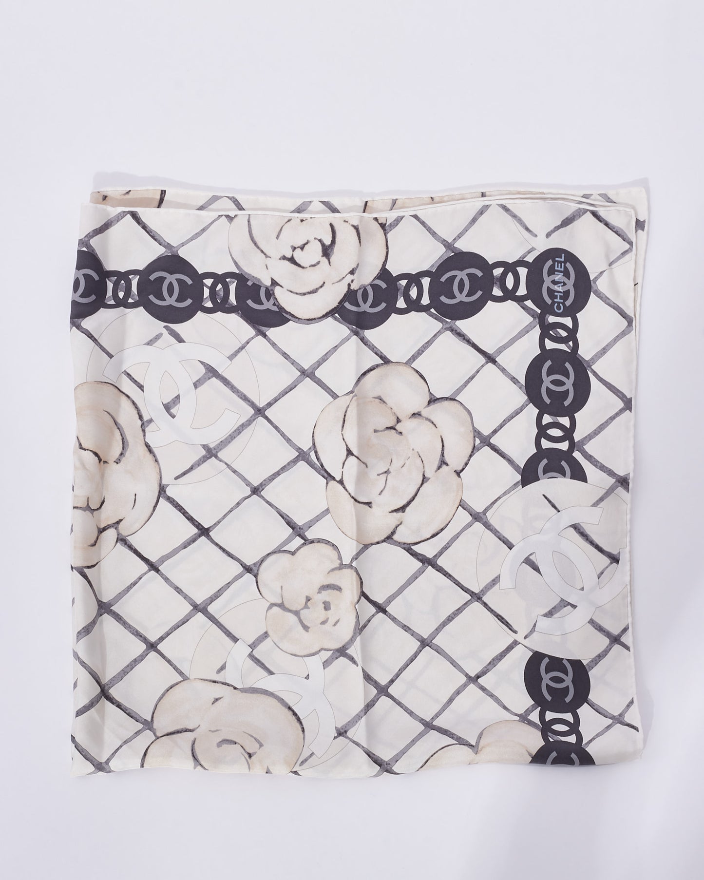 Chanel White 
Grey Camellia Flower 
Logo Silk Scarf