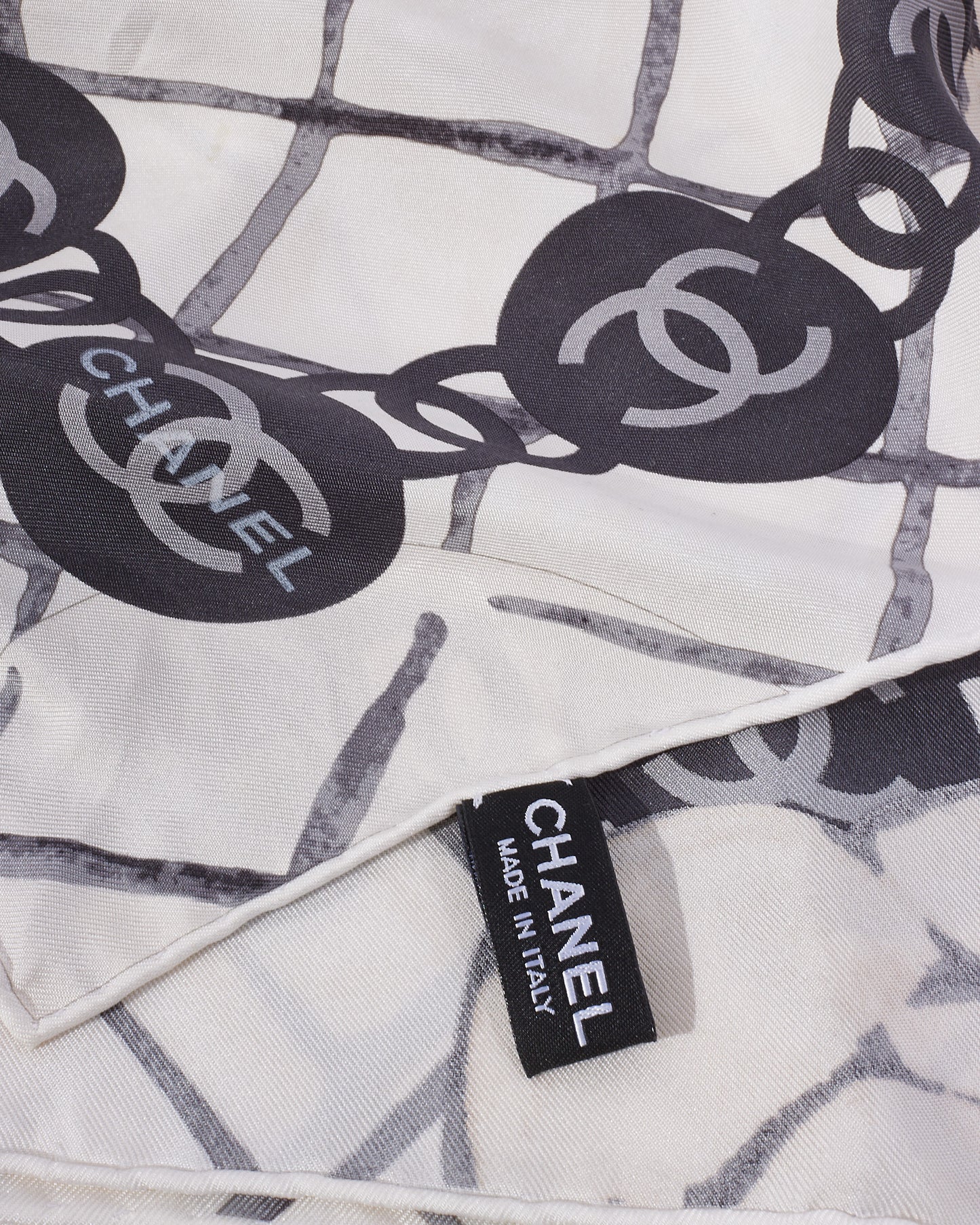 Chanel White 
Grey Camellia Flower 
Logo Silk Scarf