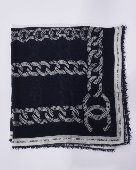 Chanel Black 
White Chain Link Logo Cashmere Blend Square Scarf